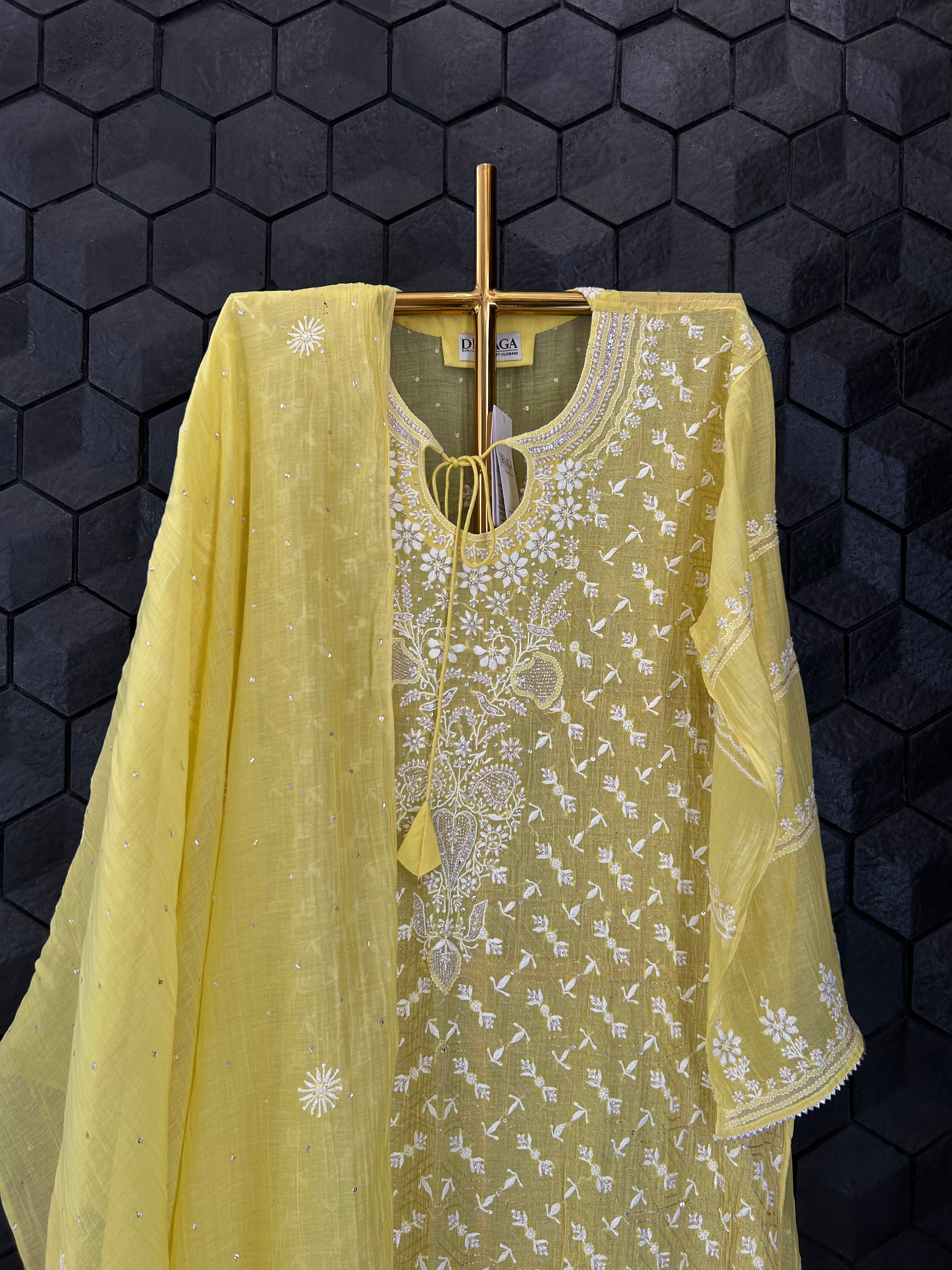 Yellow Mul Chanderi Chikankari Kurta Set