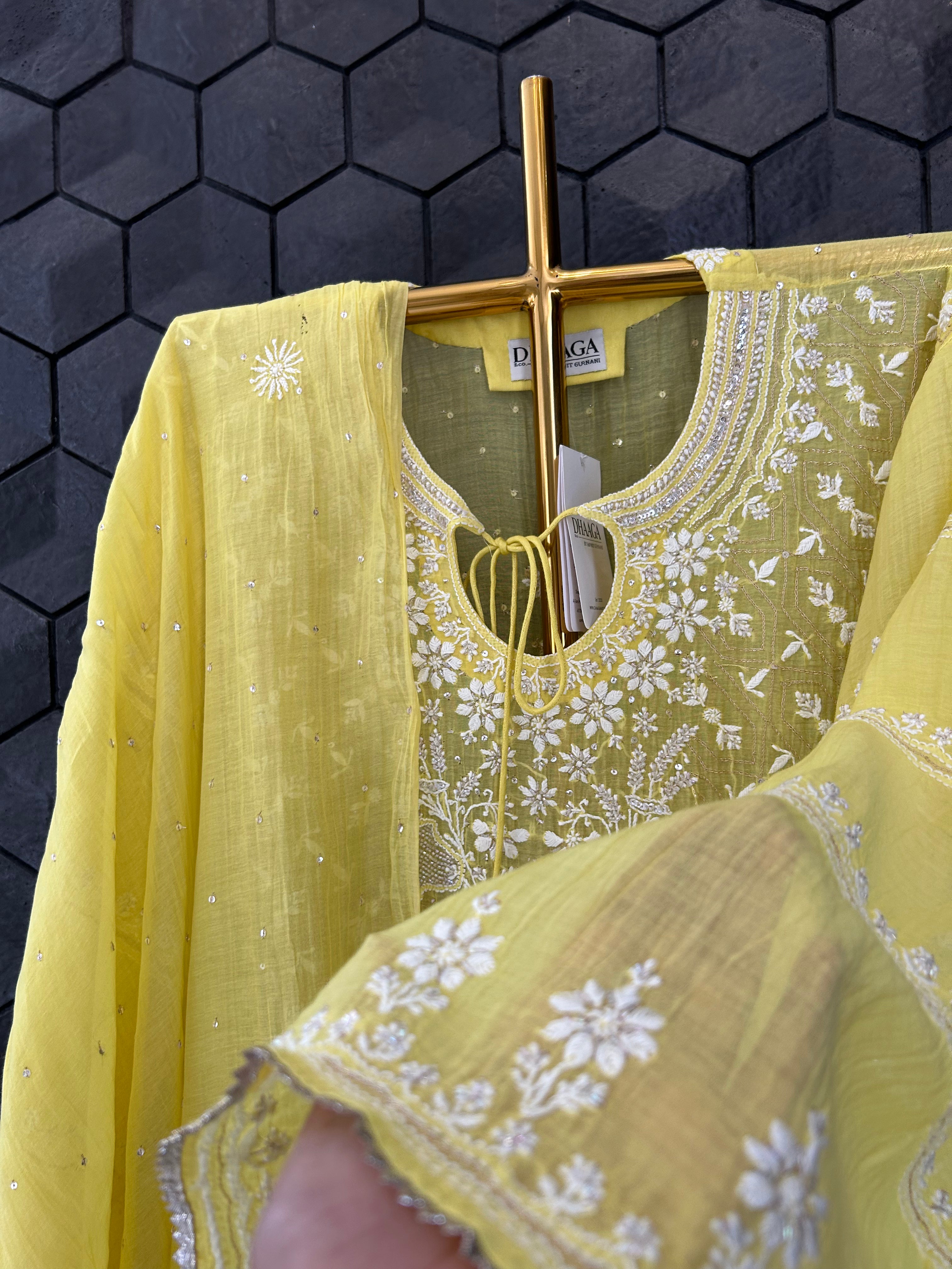 Yellow Mul Chanderi Chikankari Kurta Set