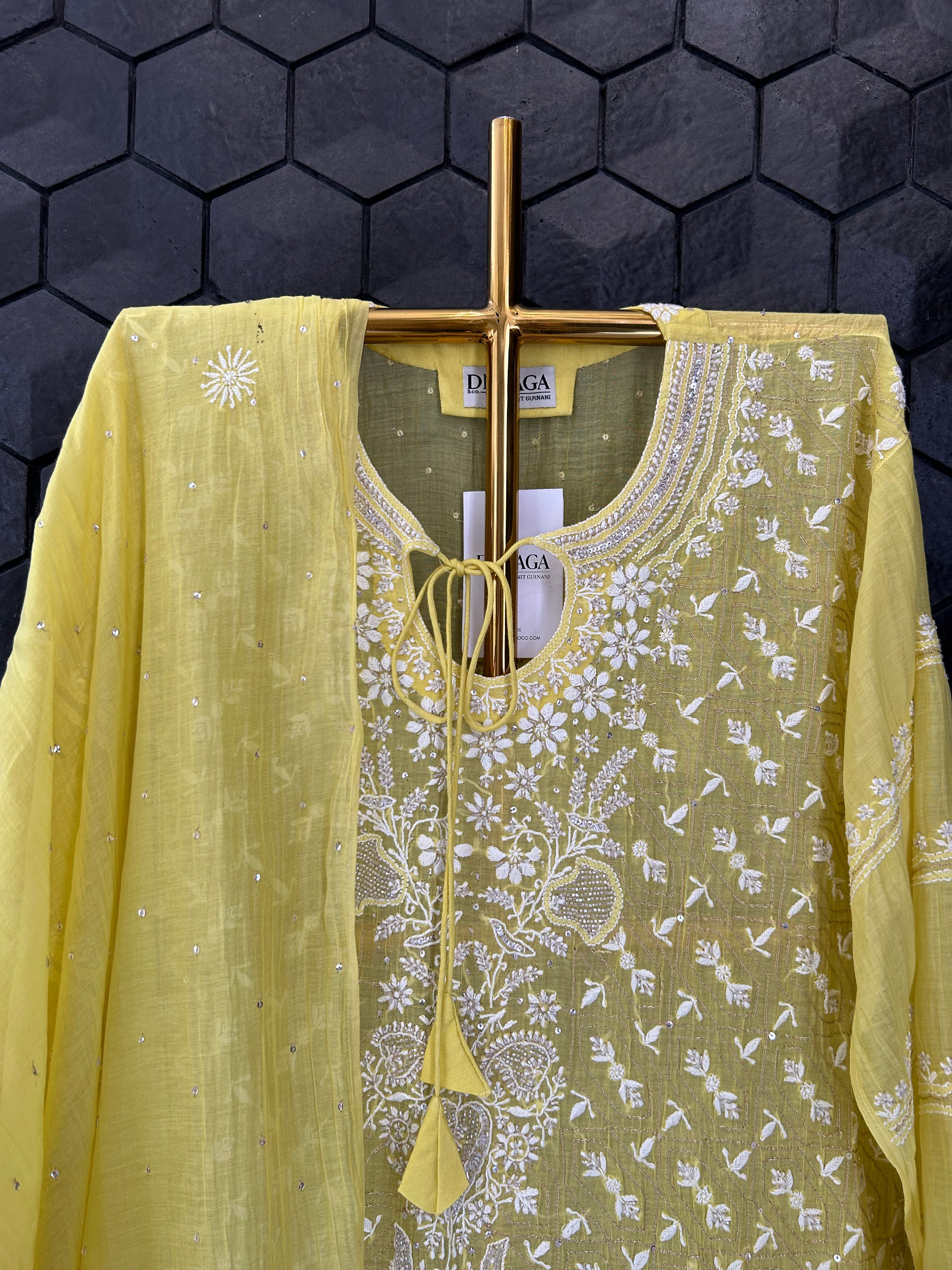 Yellow Mul Chanderi Chikankari Kurta Set