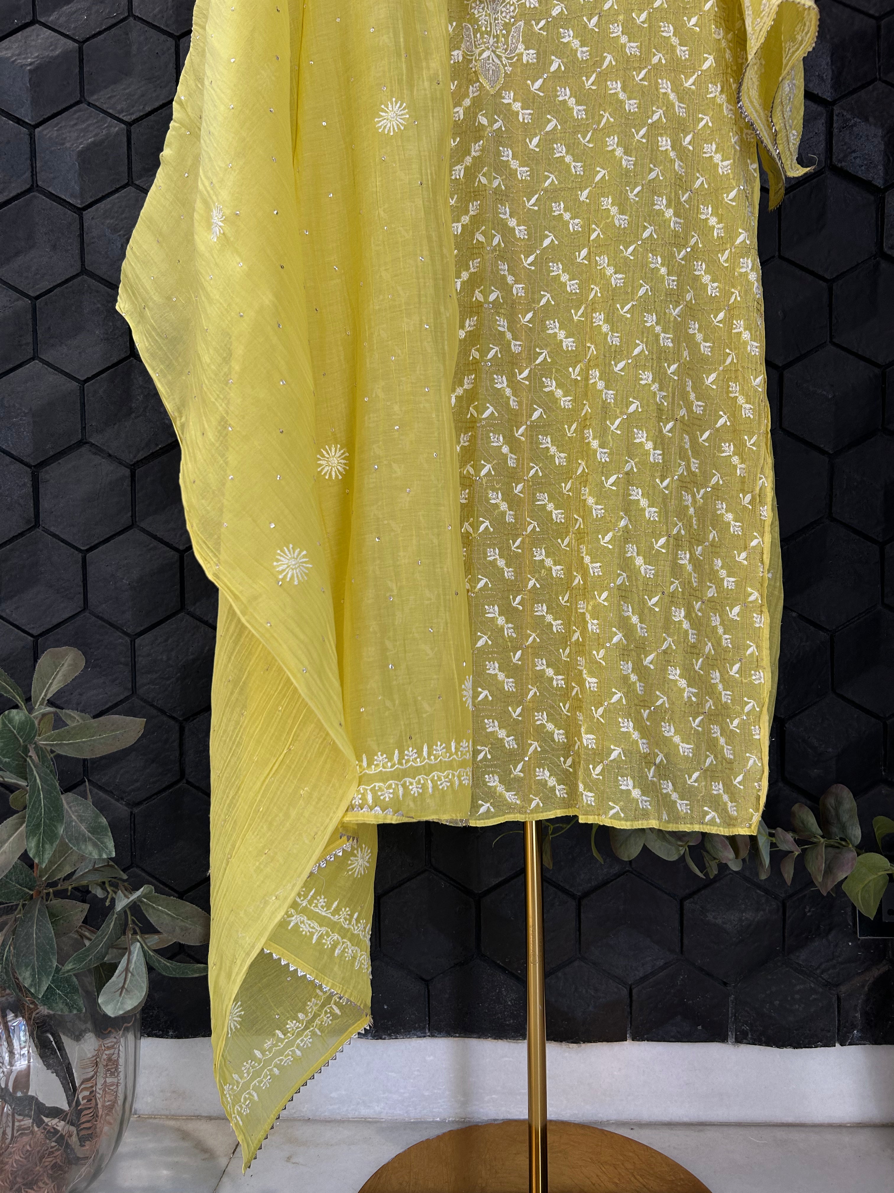 Yellow Mul Chanderi Chikankari Kurta Set