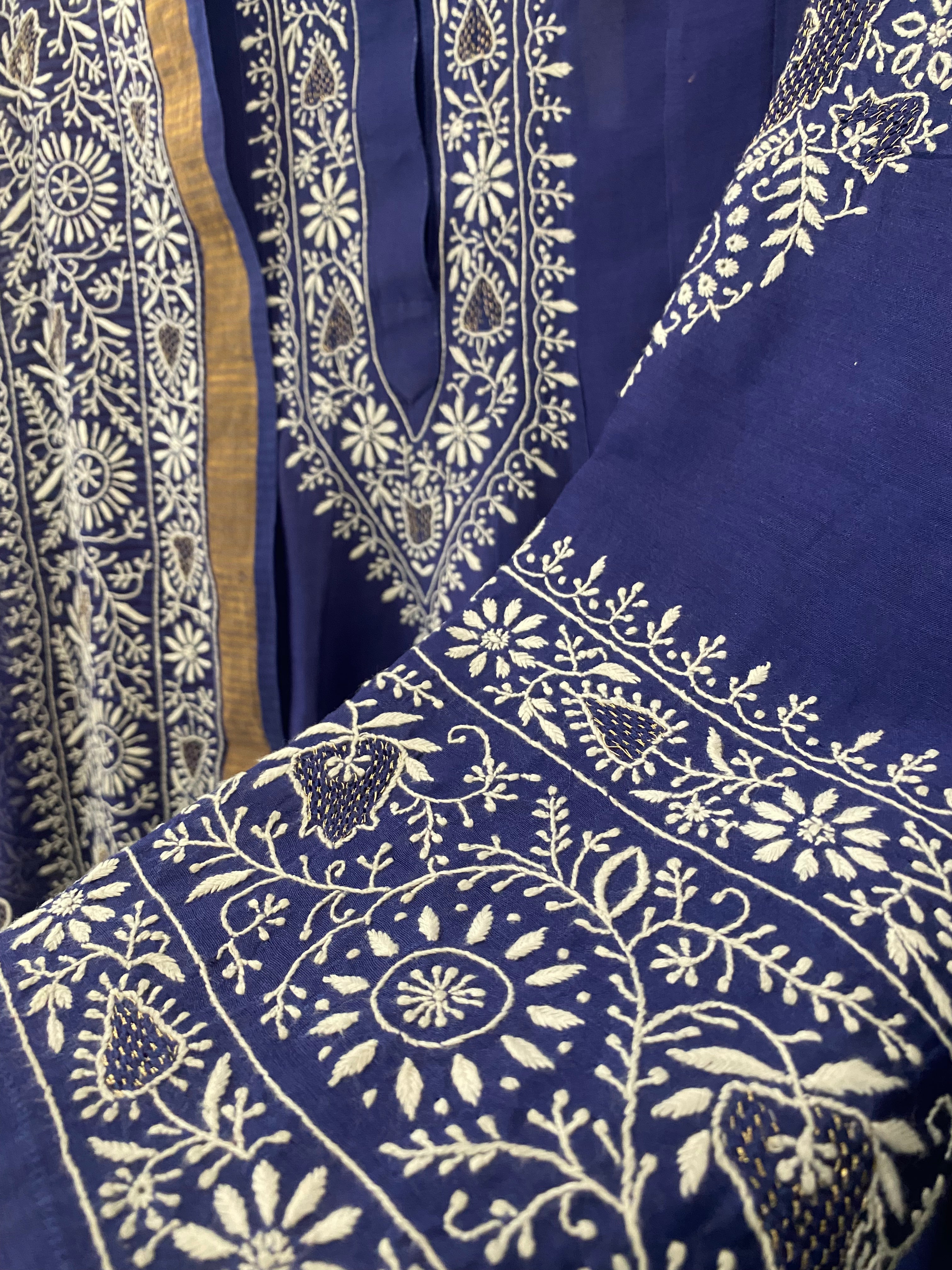 Cobalt Blue Mul Chanderi Chikankari Anarkali Set