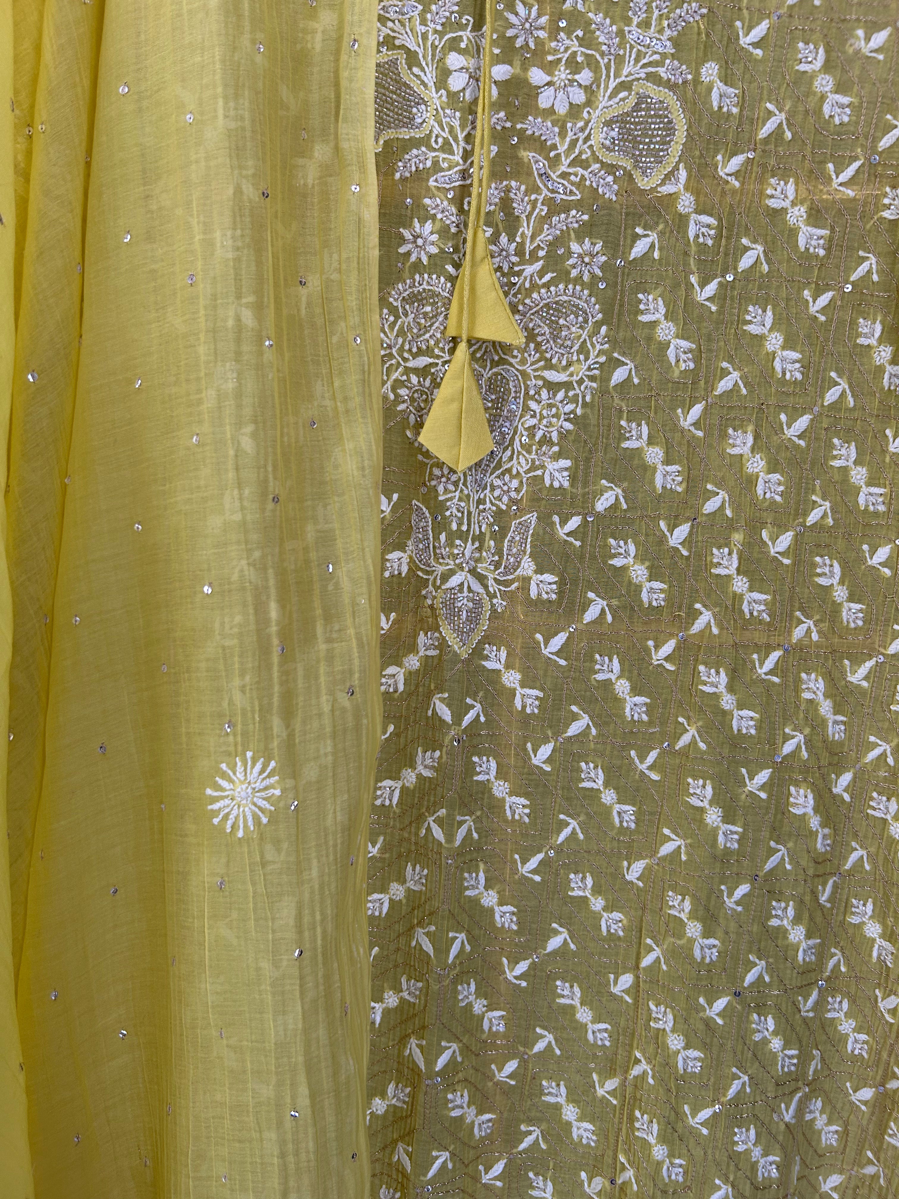 Yellow Mul Chanderi Chikankari Kurta Set