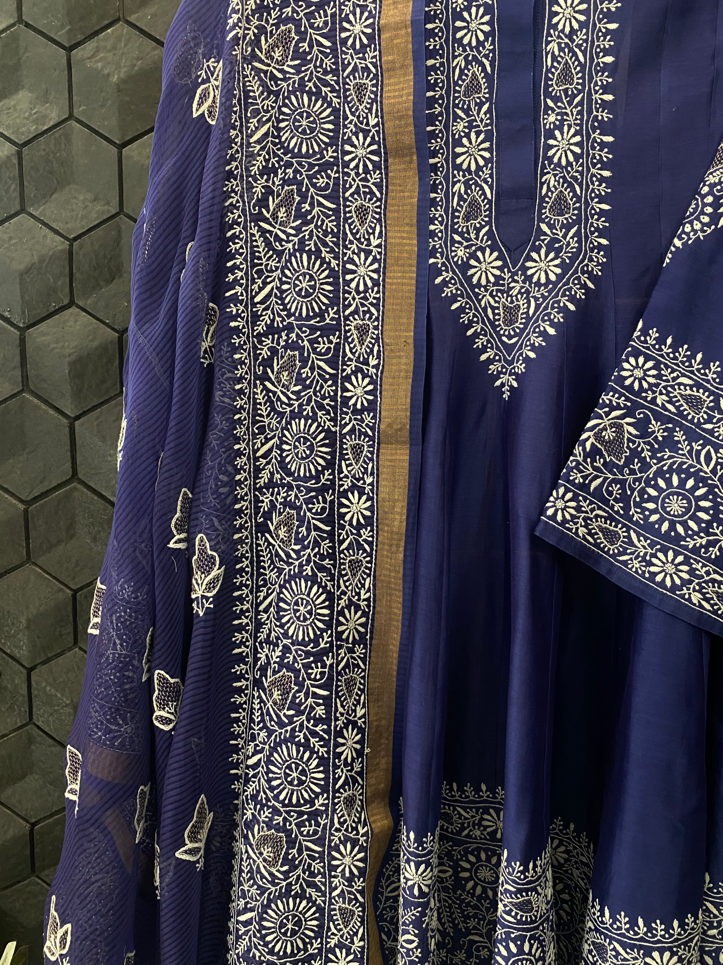 Cobalt Blue Mul Chanderi Chikankari Anarkali Set