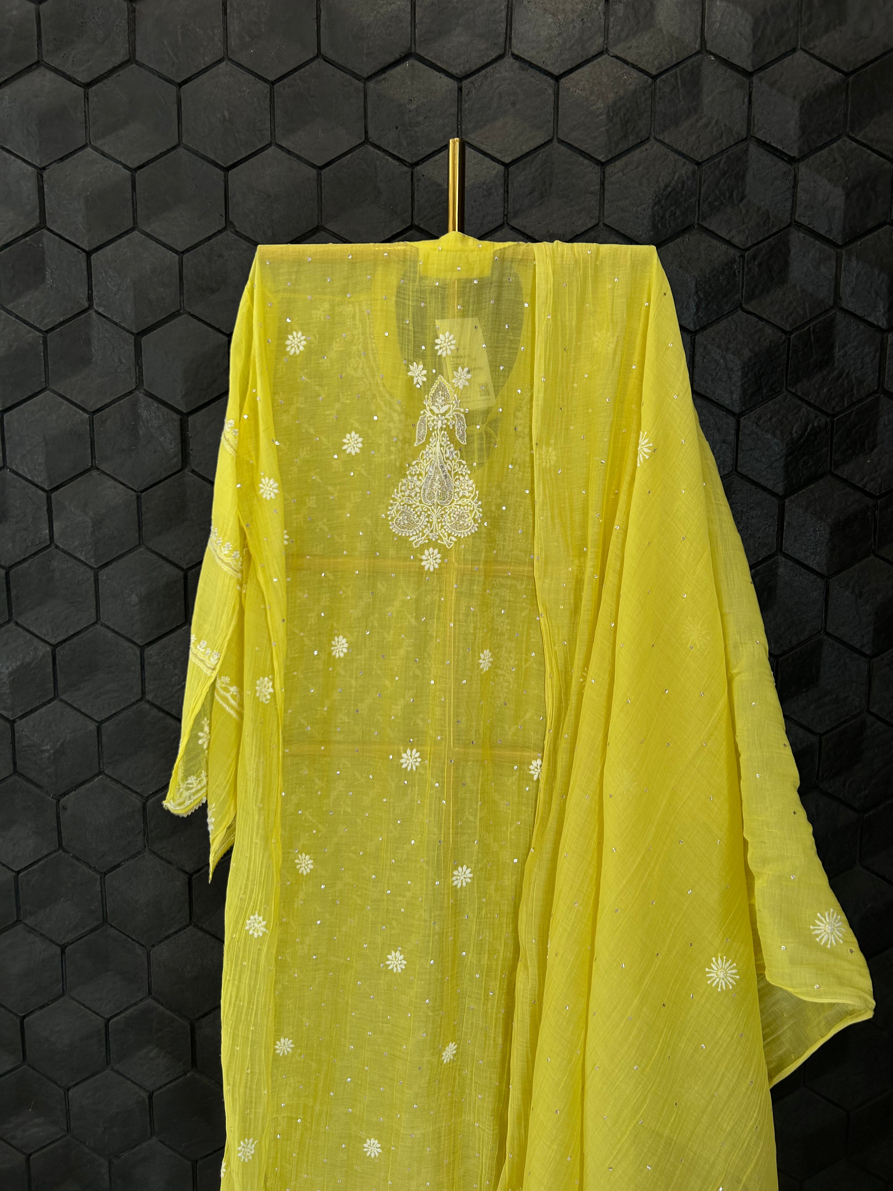 Yellow Mul Chanderi Chikankari Kurta Set