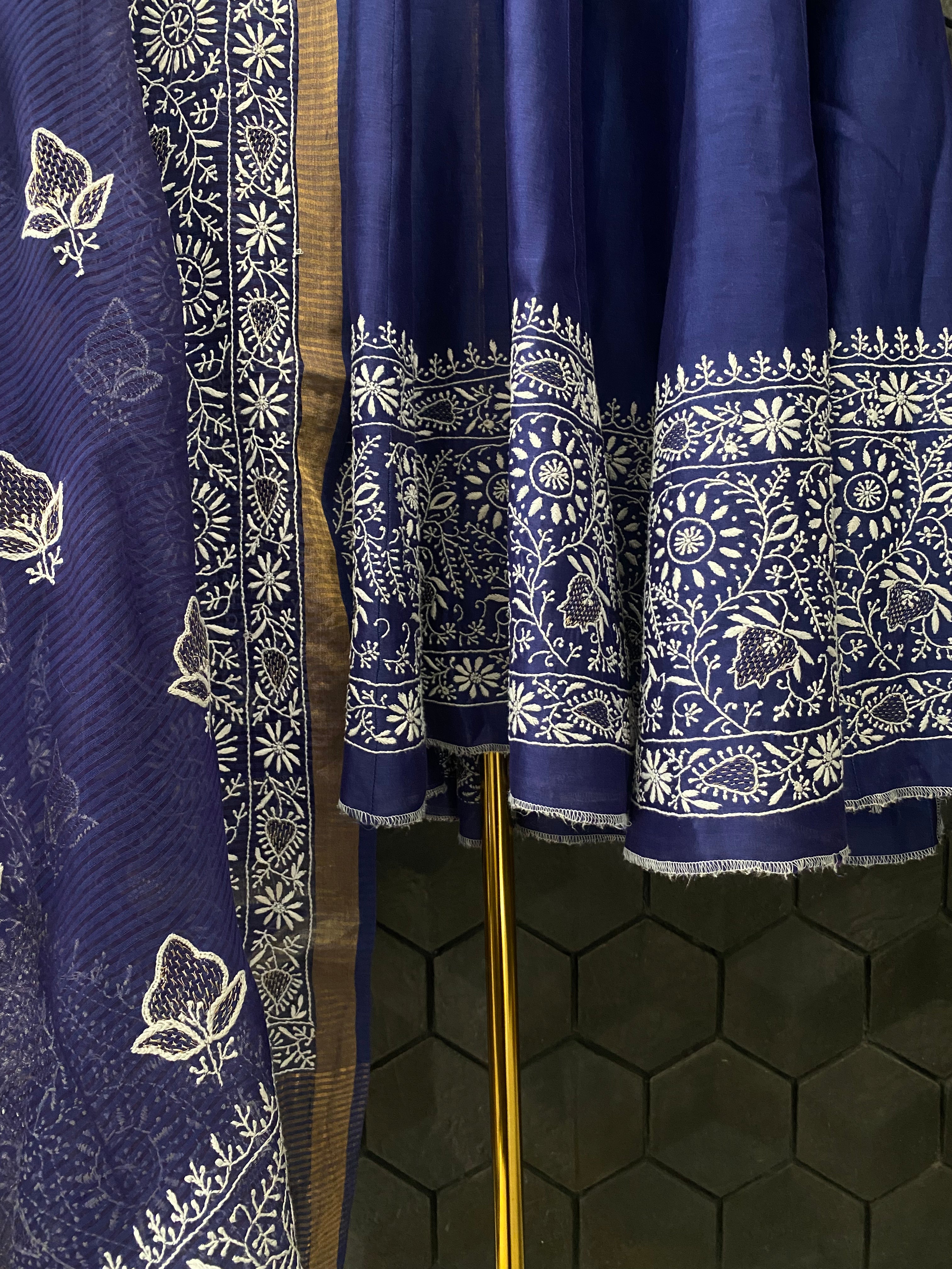 Cobalt Blue Mul Chanderi Chikankari Anarkali Set