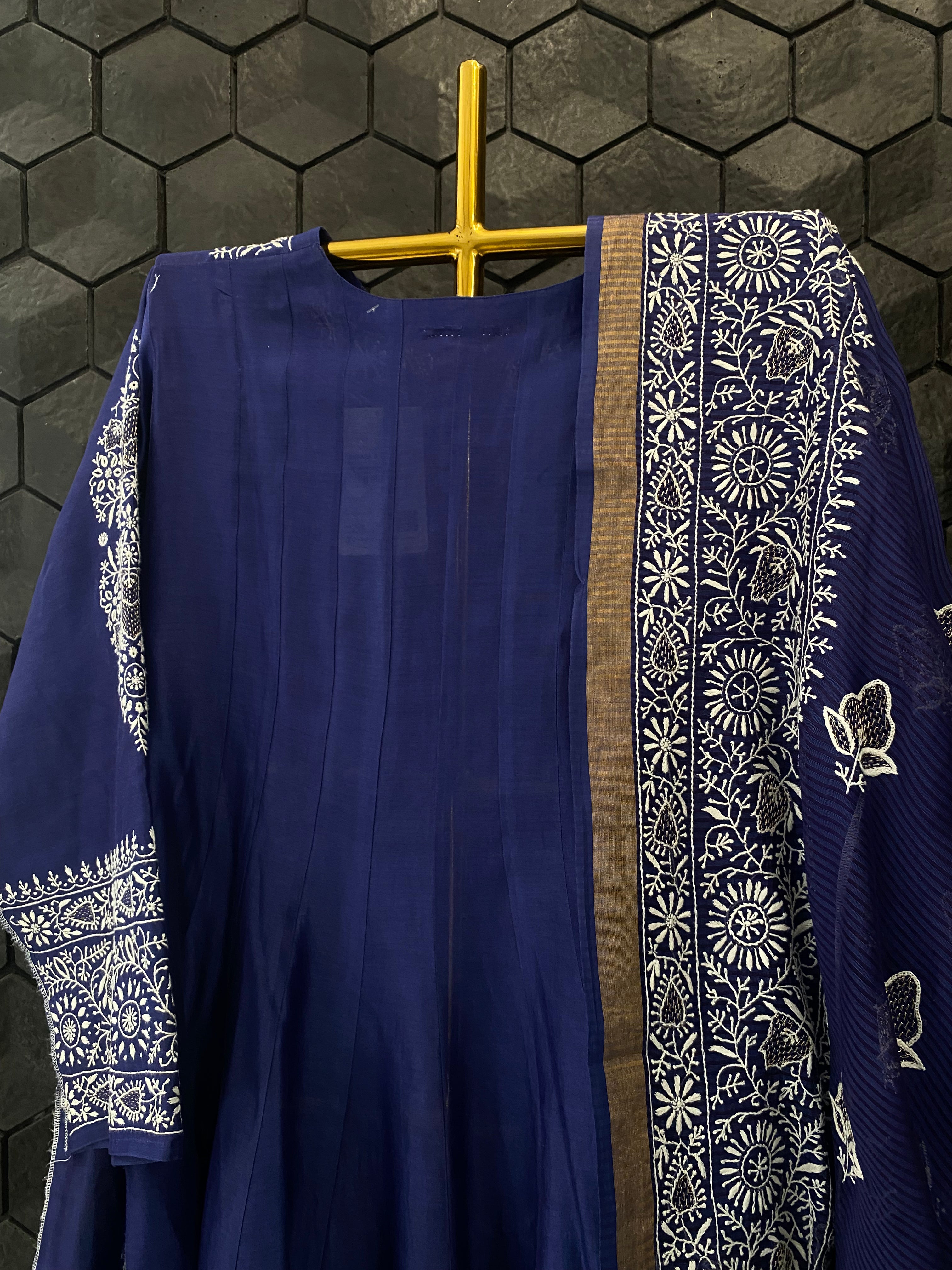 Cobalt Blue Mul Chanderi Chikankari Anarkali Set