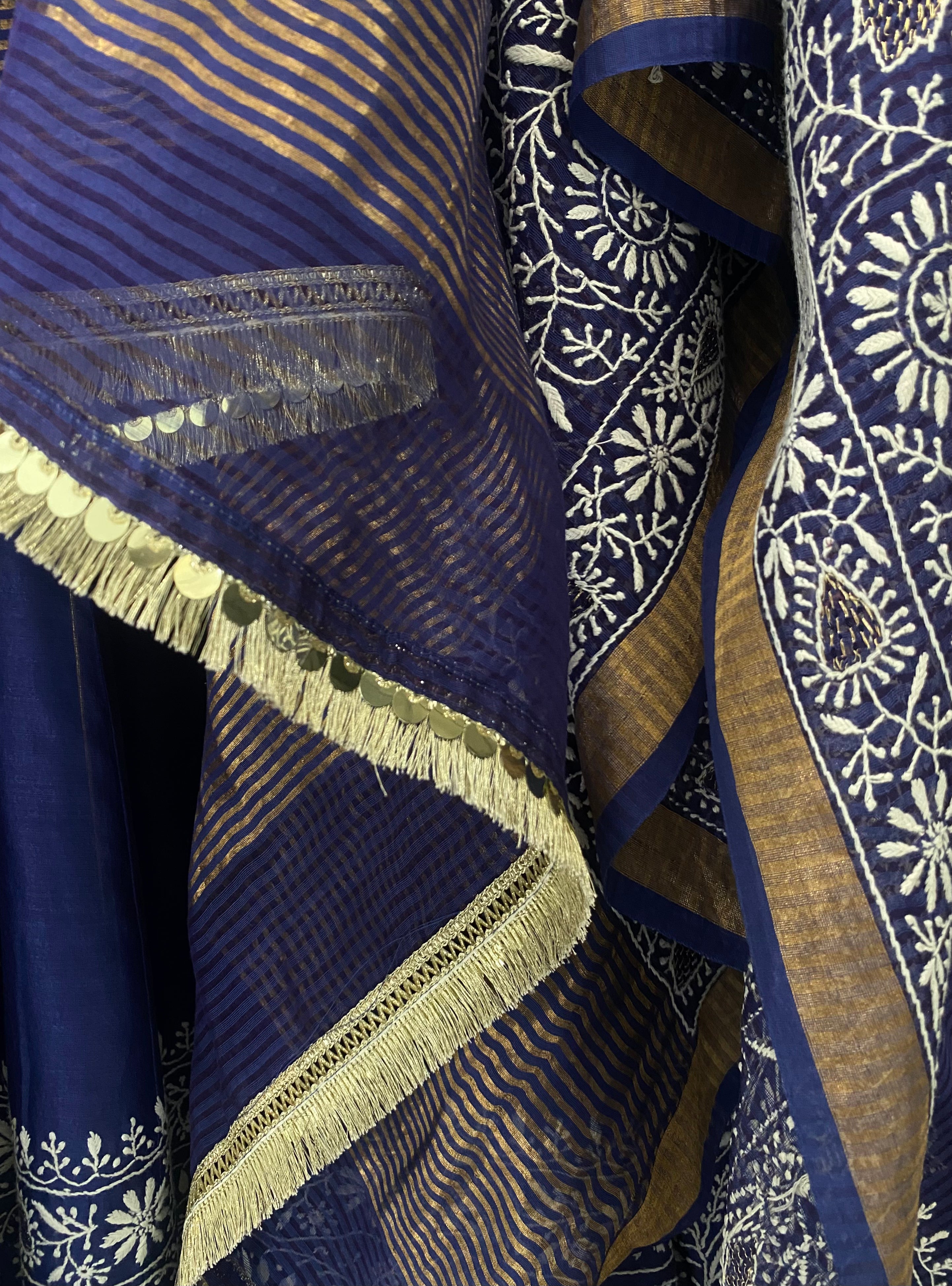 Cobalt Blue Mul Chanderi Chikankari Anarkali Set