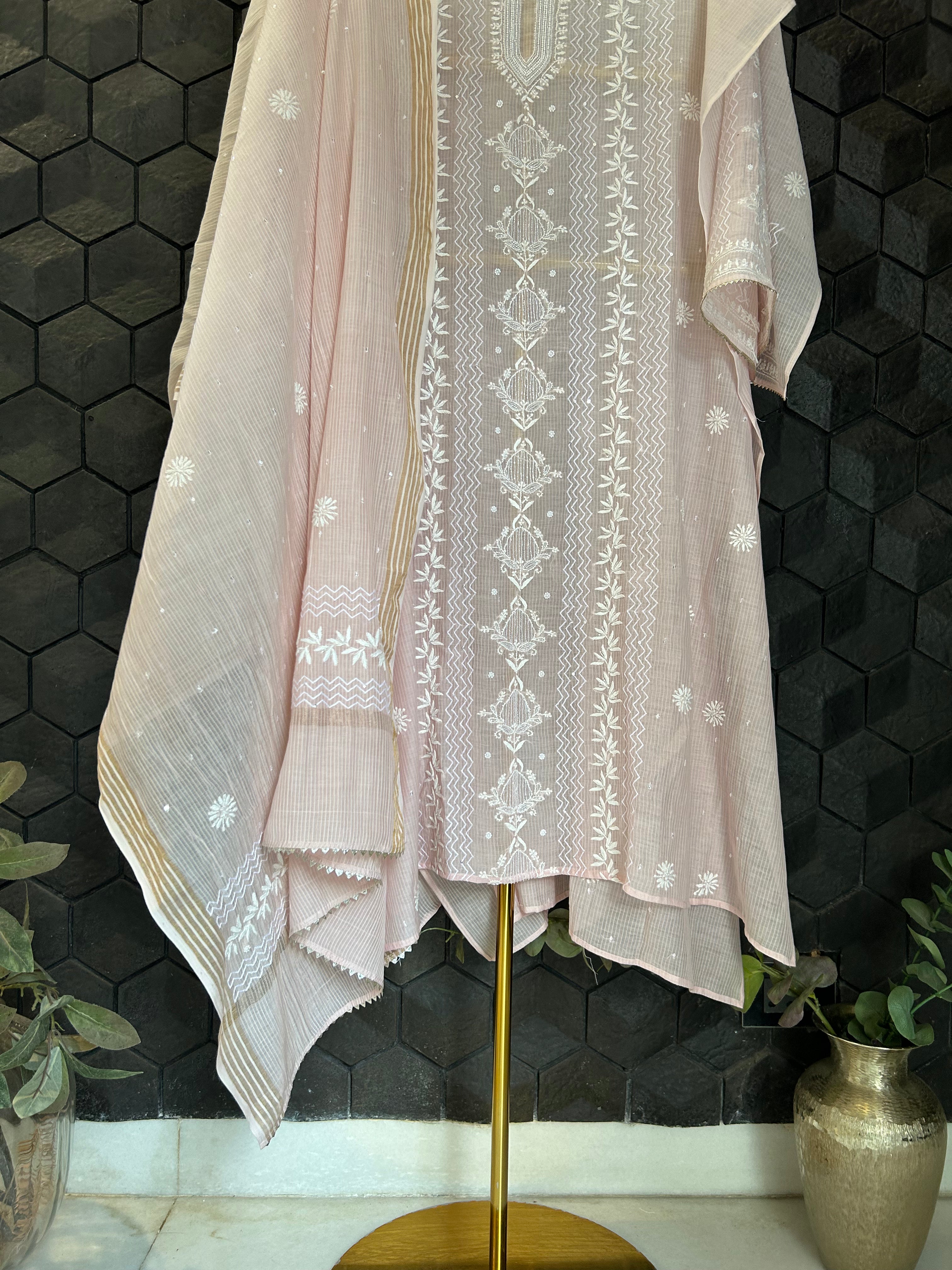 Pink Maheshwari Chikankari Kurta Set