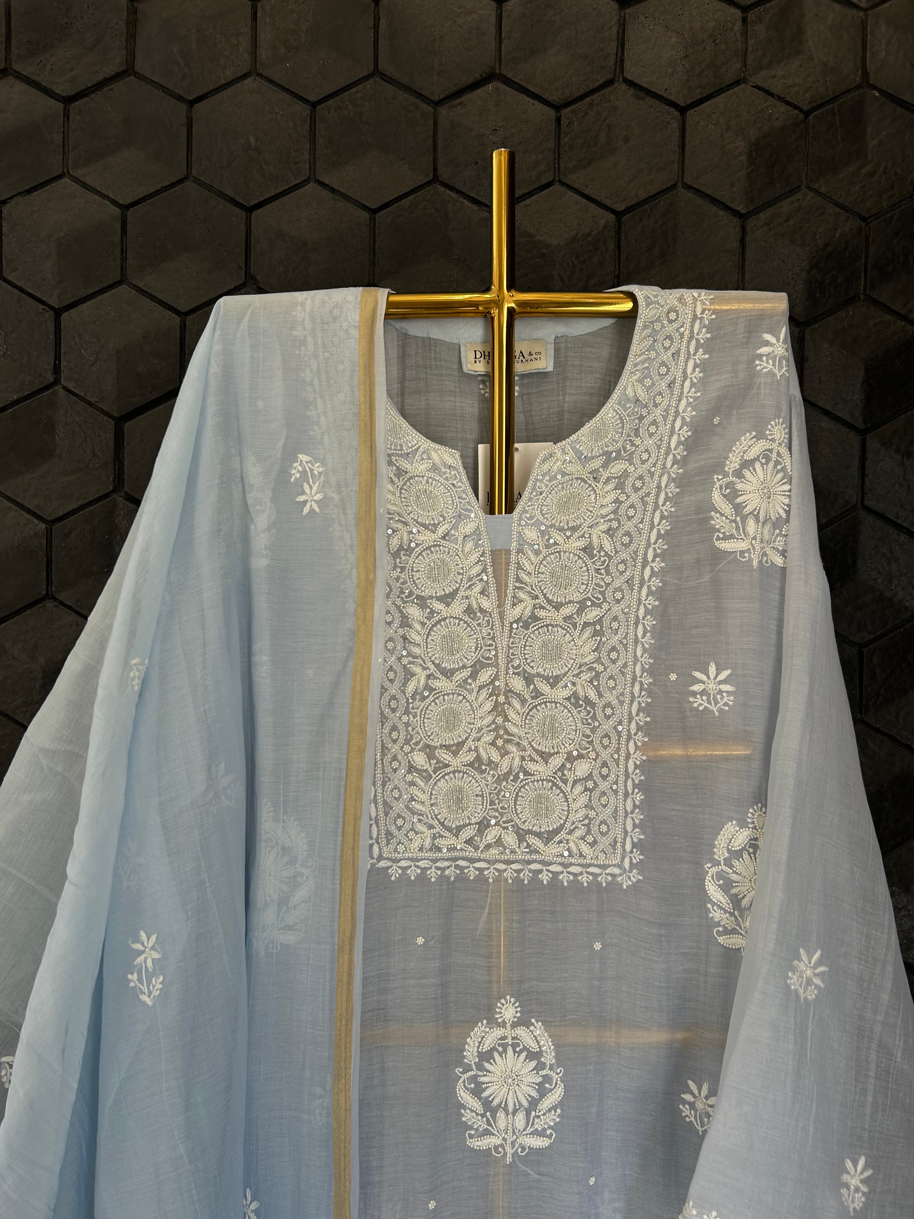 Blue Mul Chanderi Chikankari Kurta Set