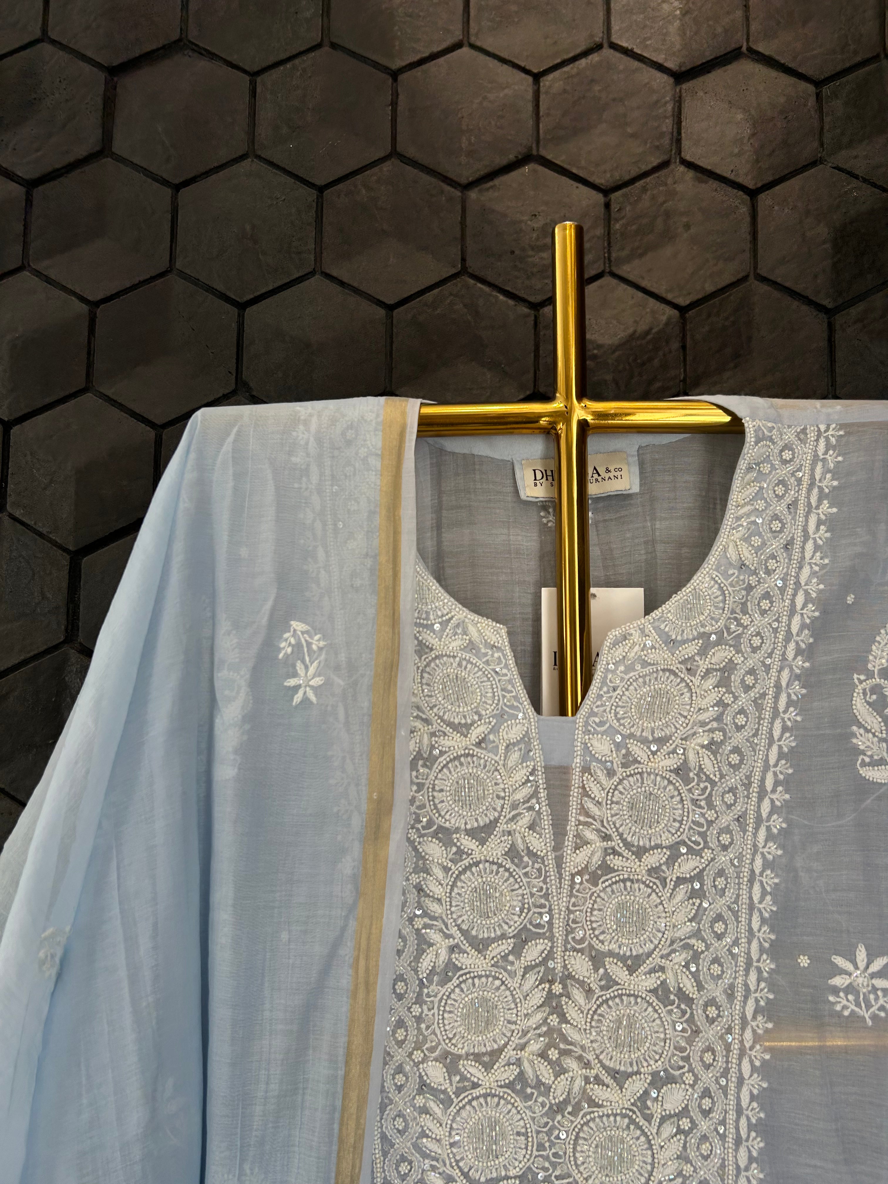 Blue Mul Chanderi Chikankari Kurta Set