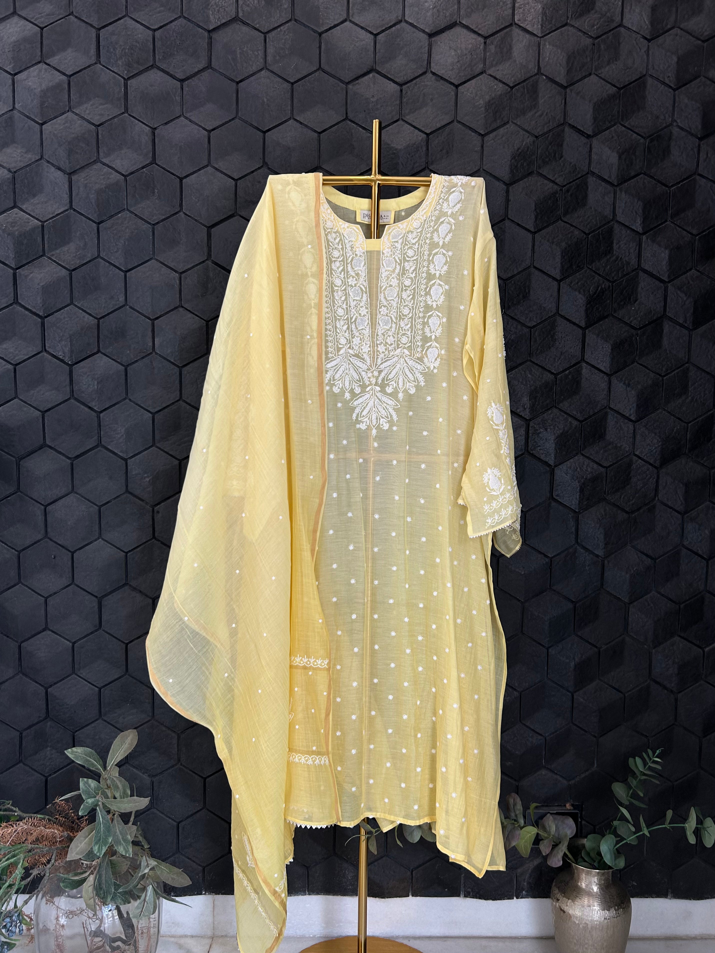 Yellow Mul Chanderi Chikankari Kurta Set