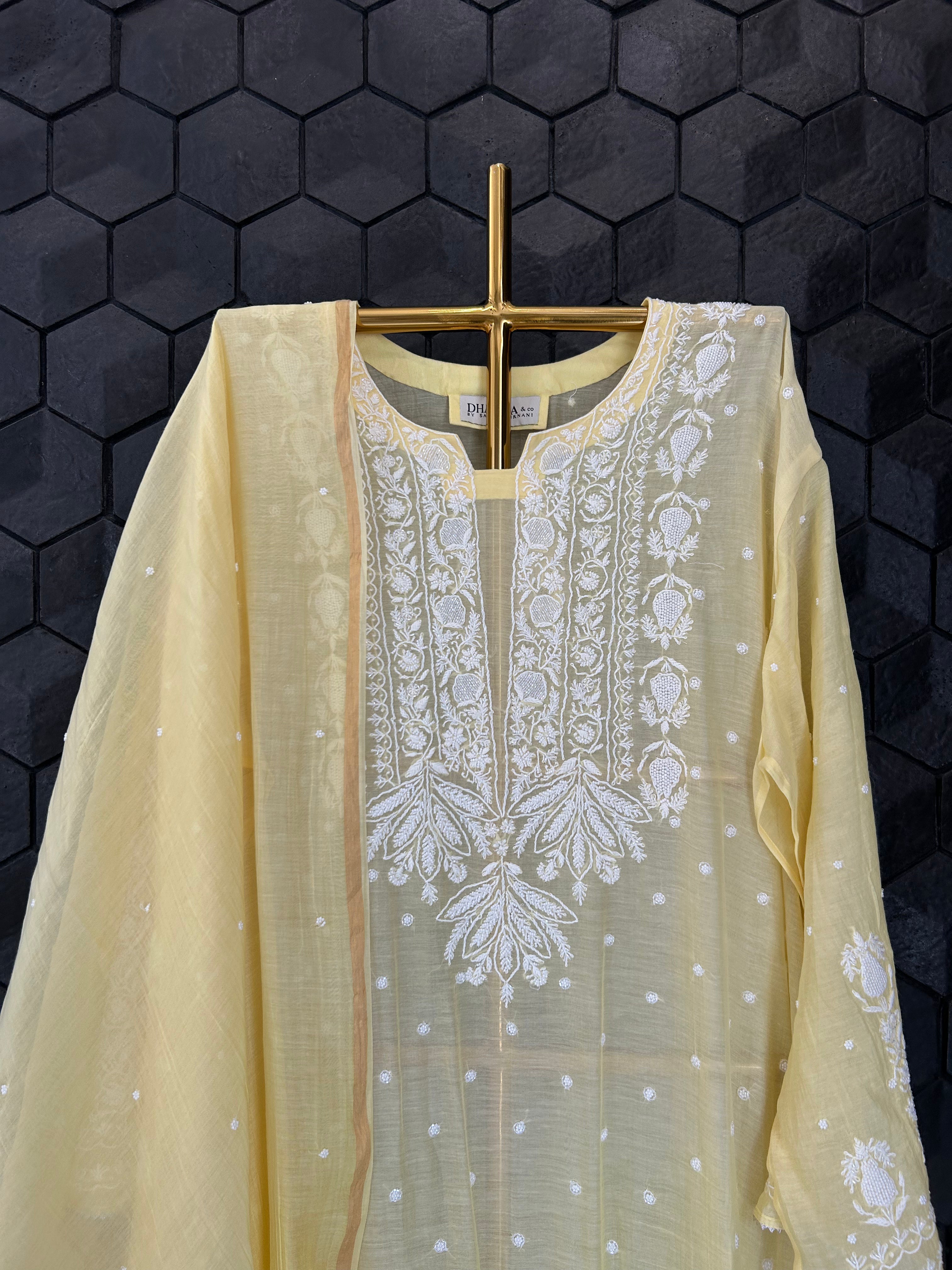 Yellow Mul Chanderi Chikankari Kurta Set