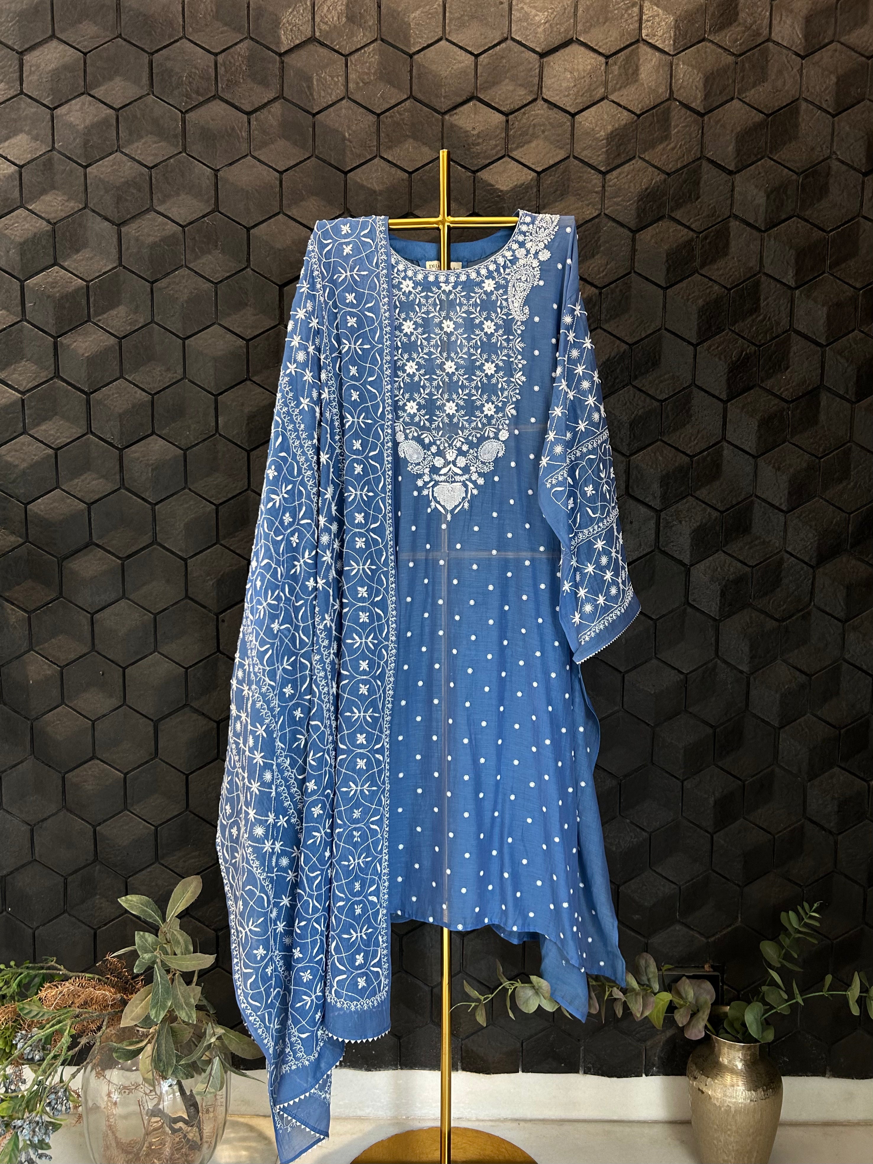 Blue Mul Chanderi Chikankari Kurta Set