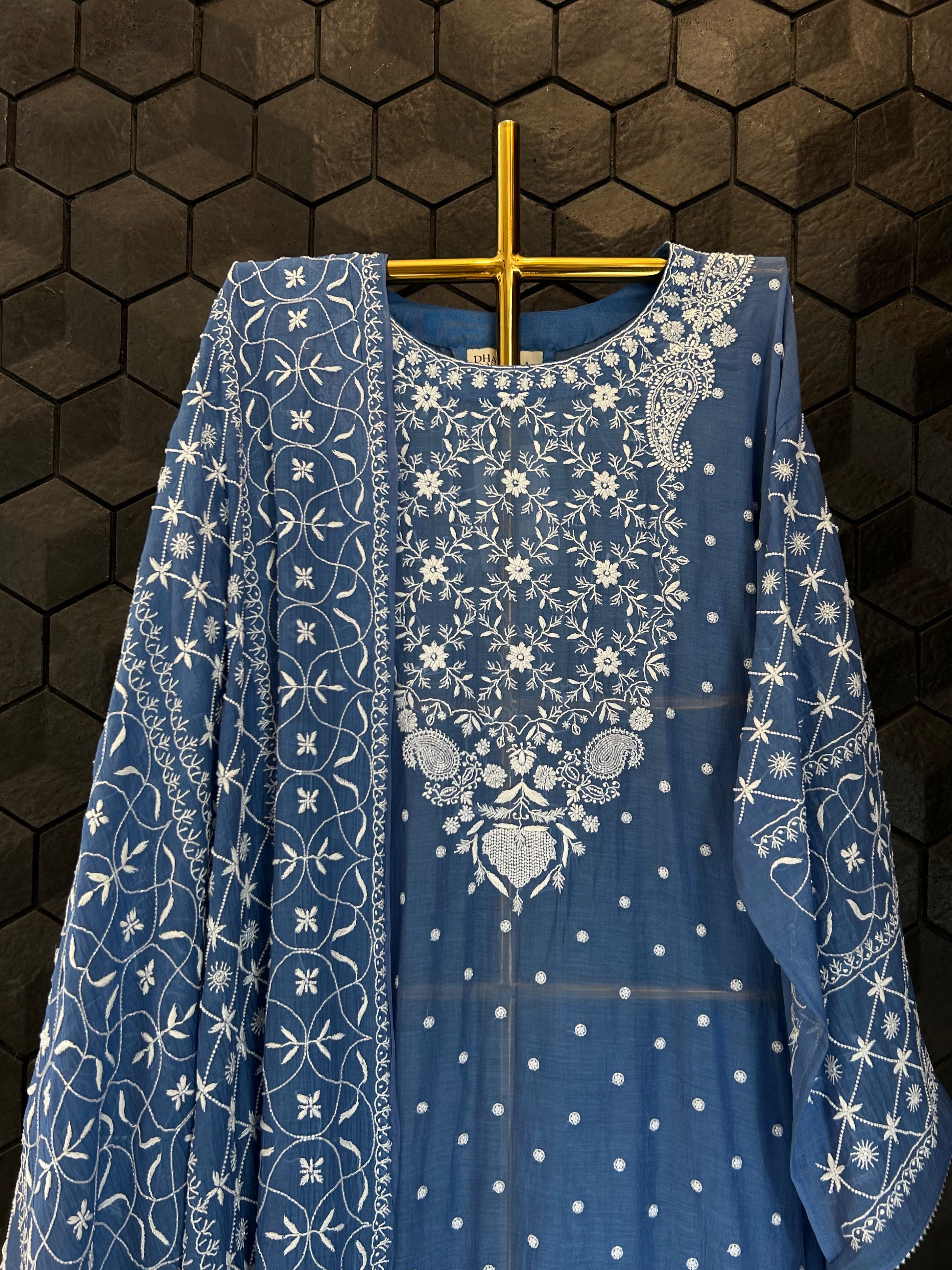 Blue Mul Chanderi Chikankari Kurta Set