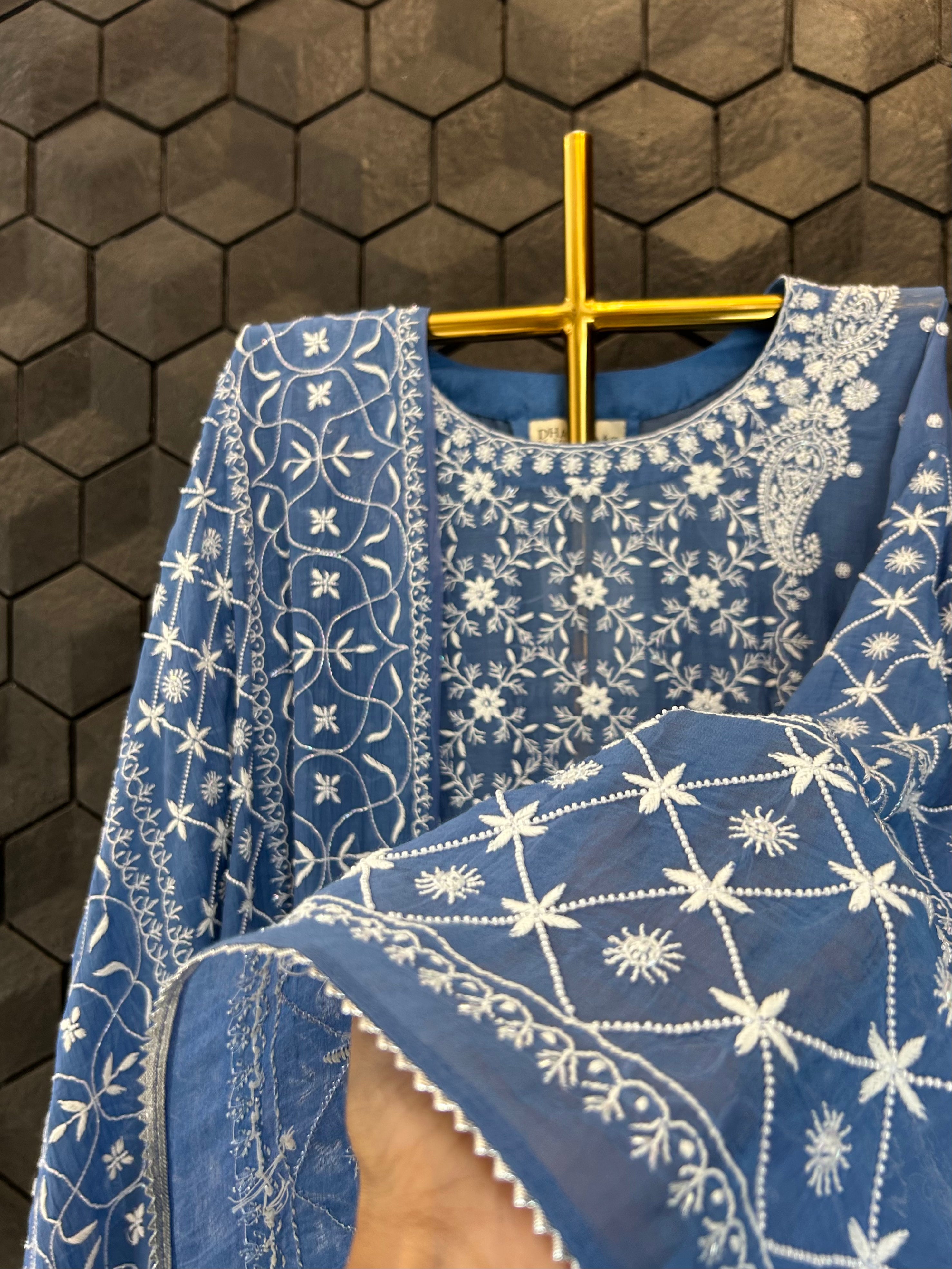 Blue Mul Chanderi Chikankari Kurta Set