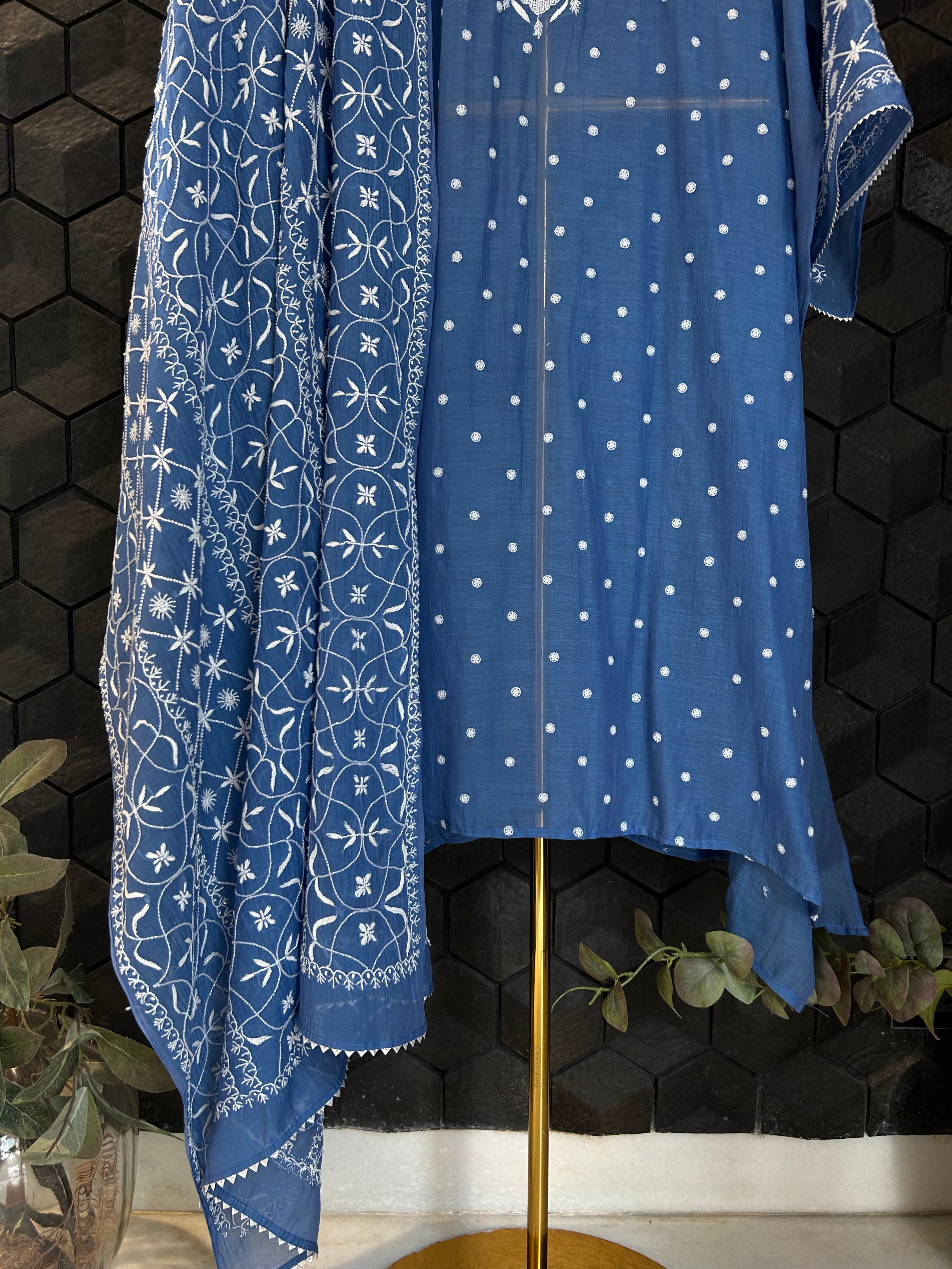 Blue Mul Chanderi Chikankari Kurta Set
