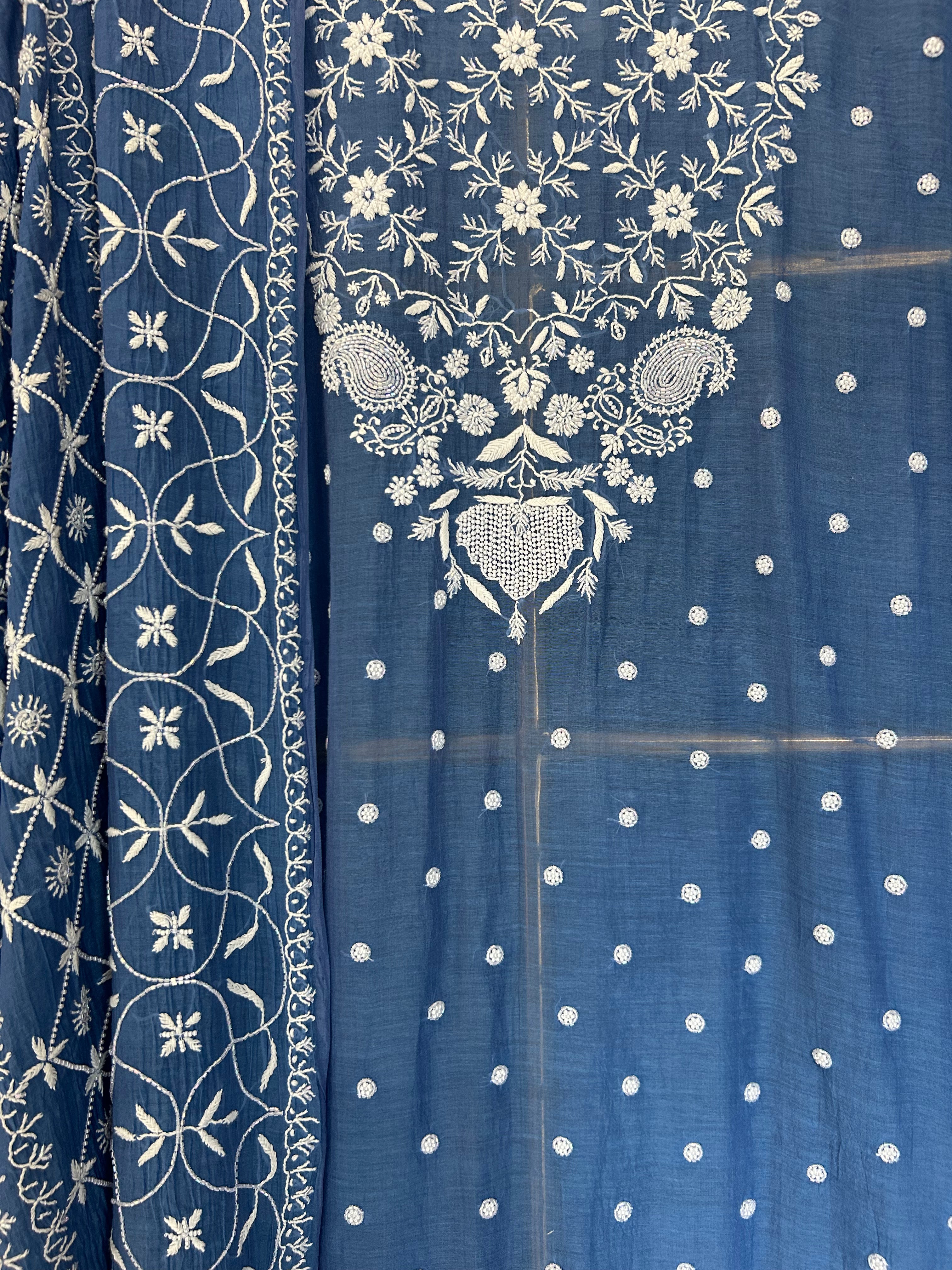 Blue Mul Chanderi Chikankari Kurta Set