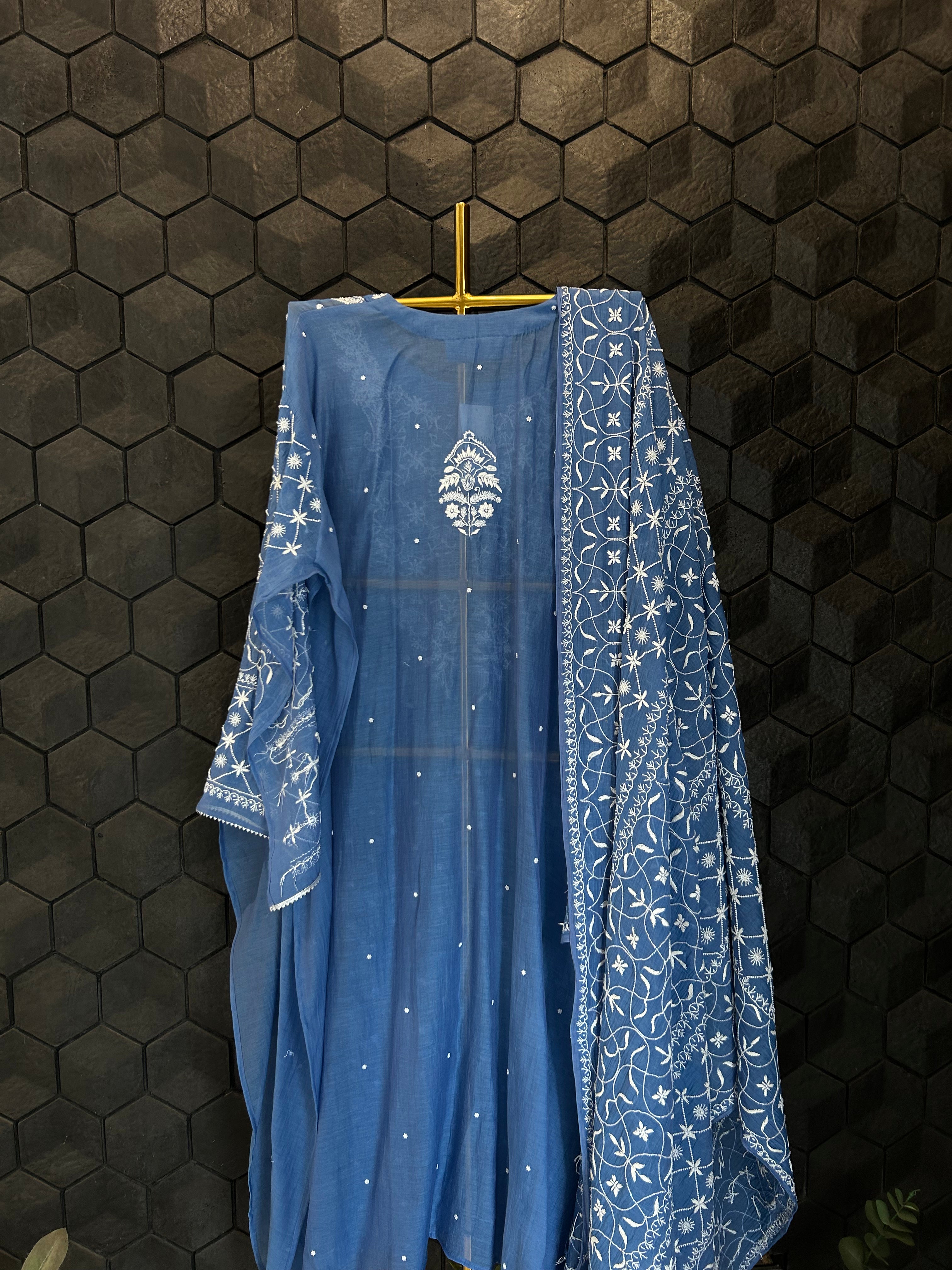 Blue Mul Chanderi Chikankari Kurta Set
