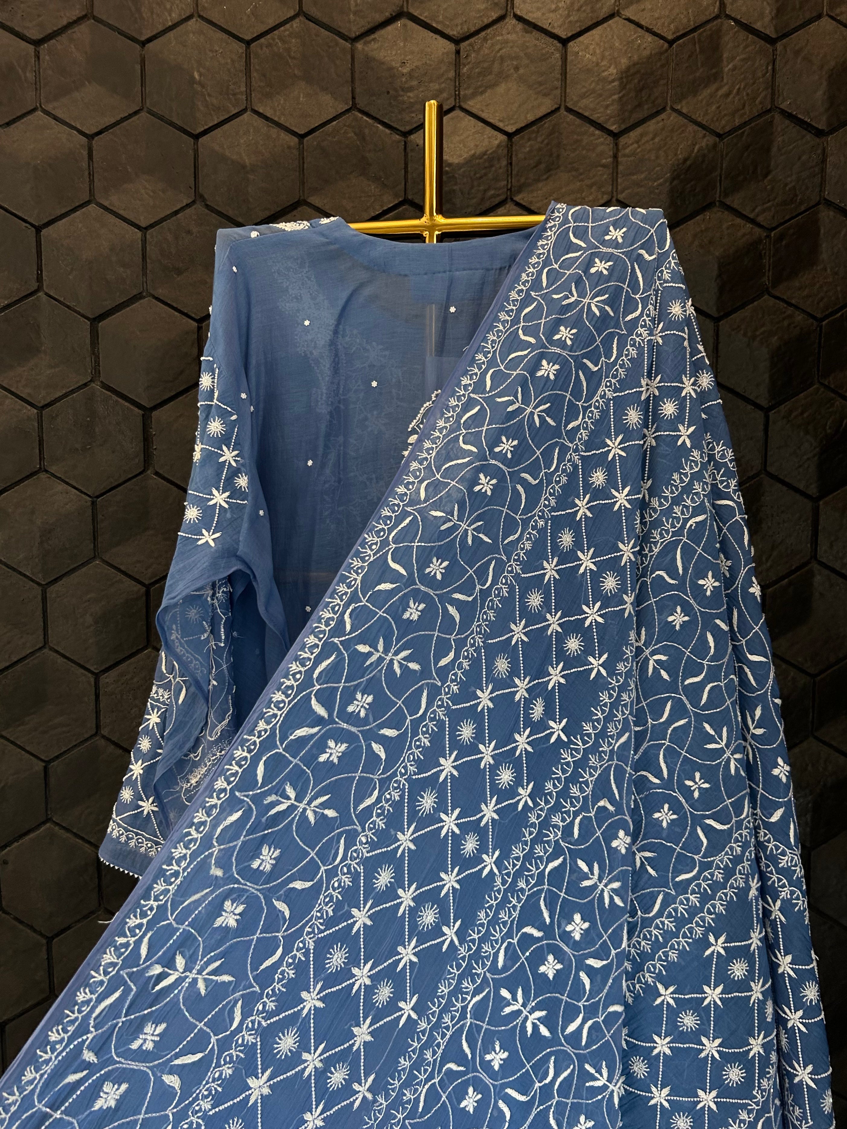 Blue Mul Chanderi Chikankari Kurta Set