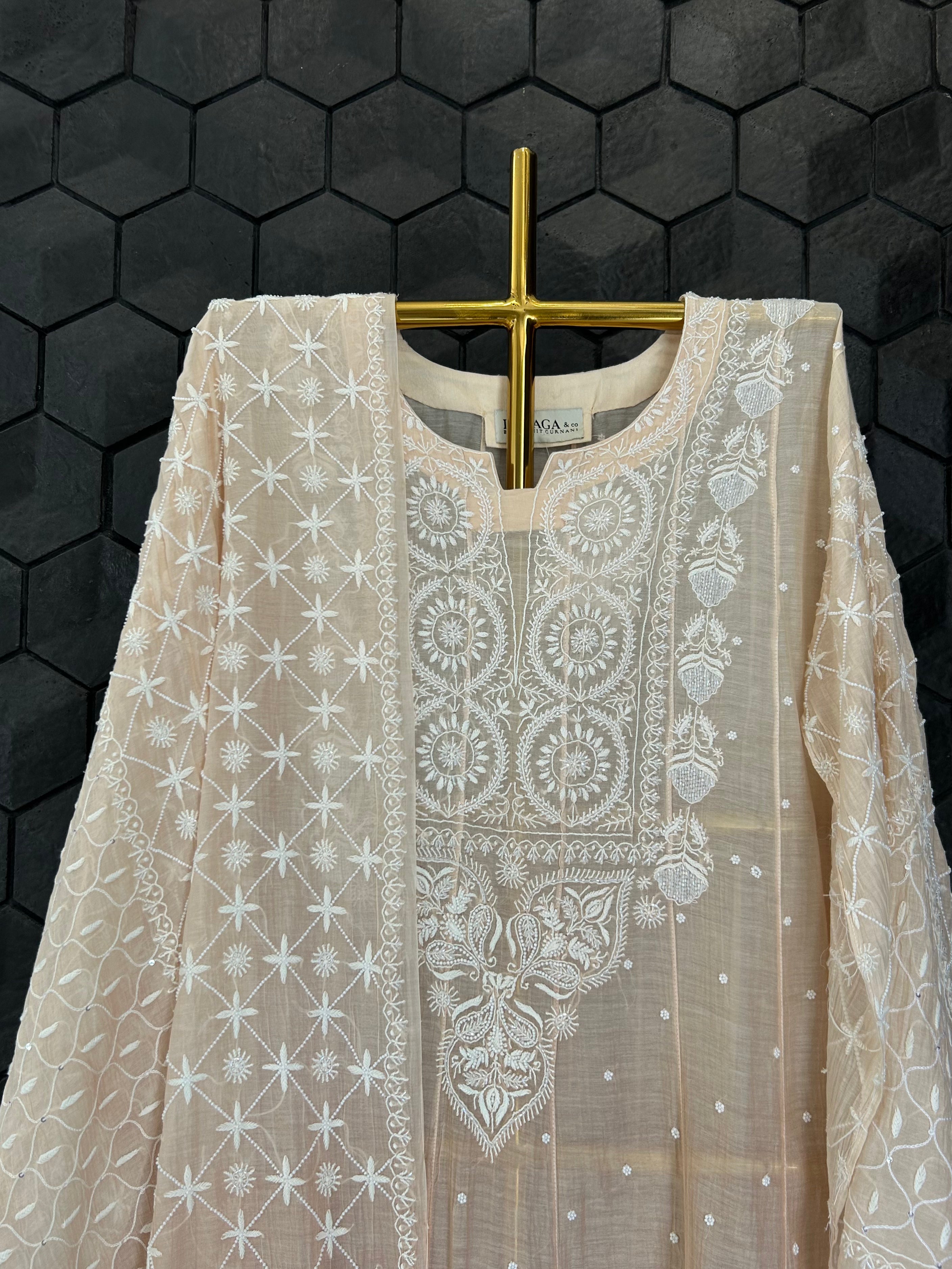 Peach Ombre Mul Chanderi Chikankari Anarkali Set