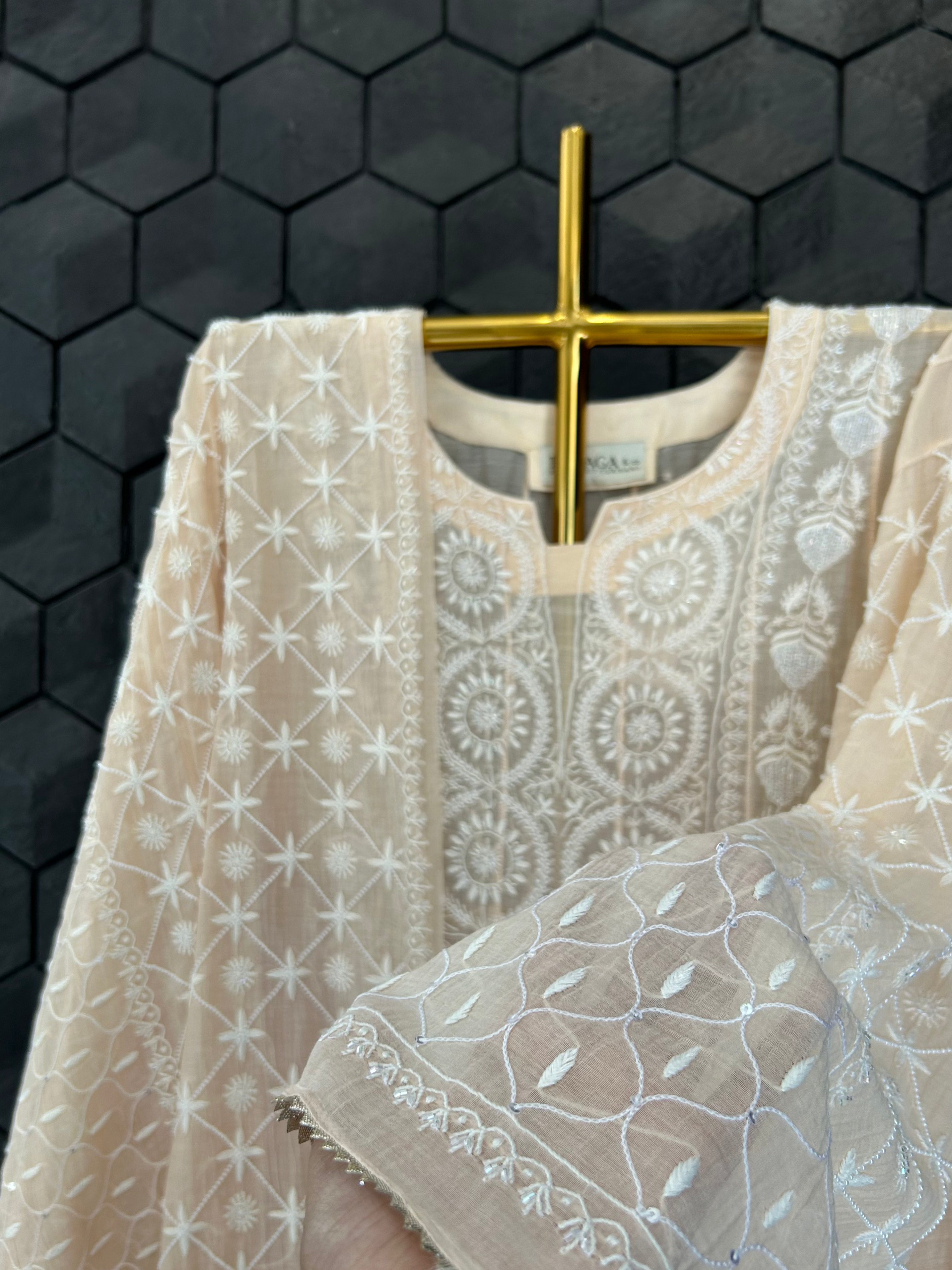 Peach Ombre Mul Chanderi Chikankari Anarkali Set