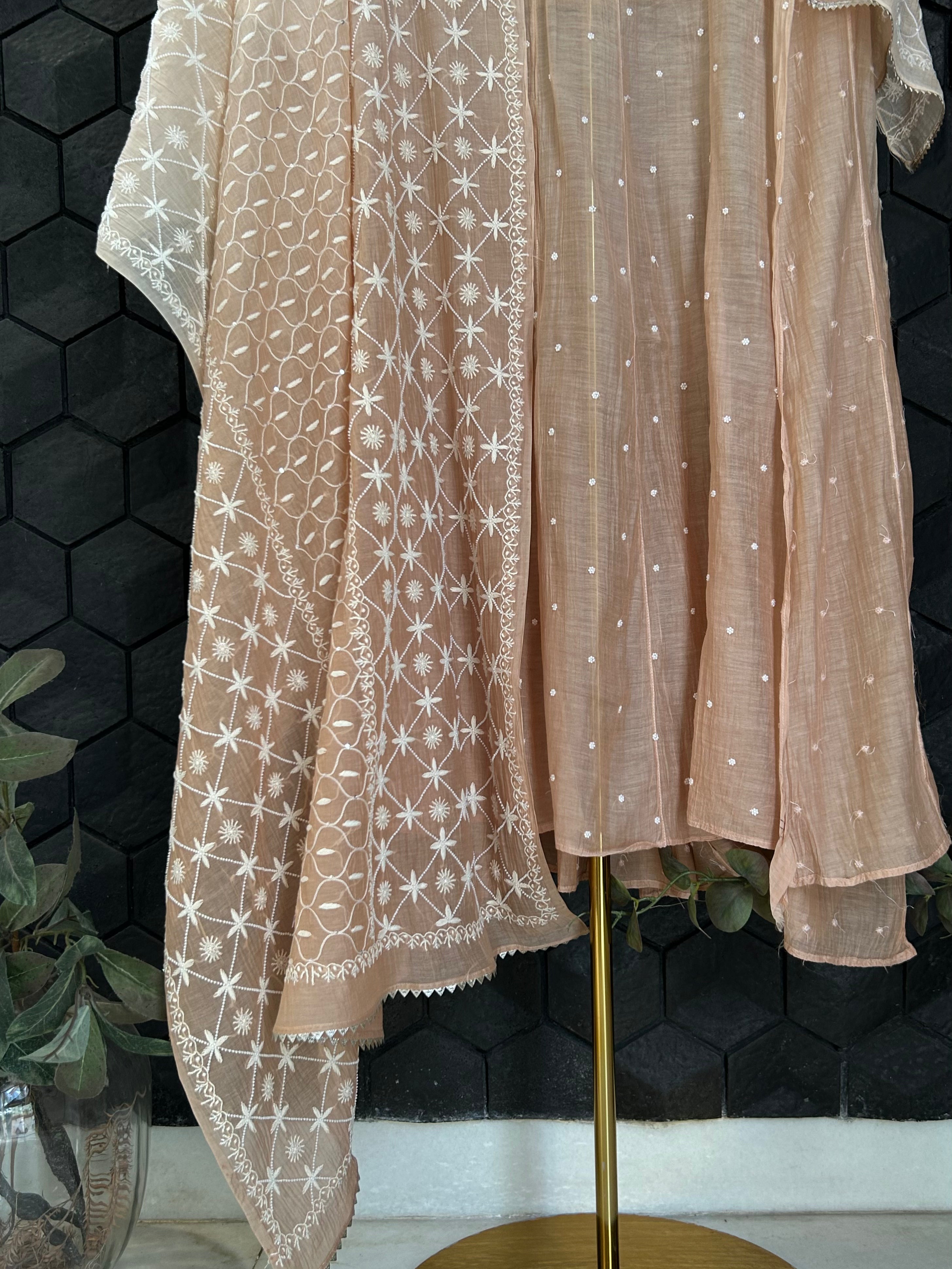 Peach Ombre Mul Chanderi Chikankari Anarkali Set