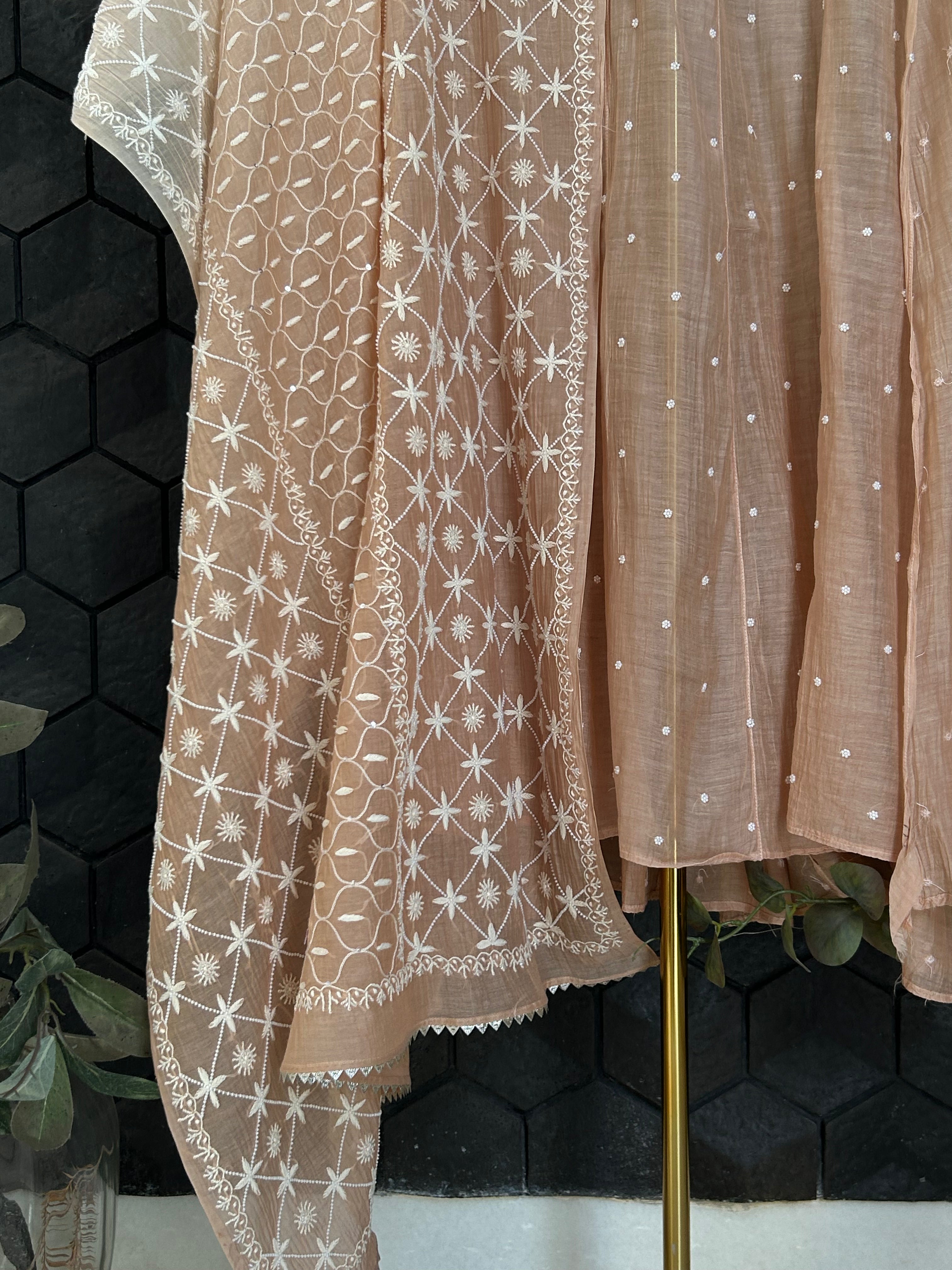 Peach Ombre Mul Chanderi Chikankari Anarkali Set