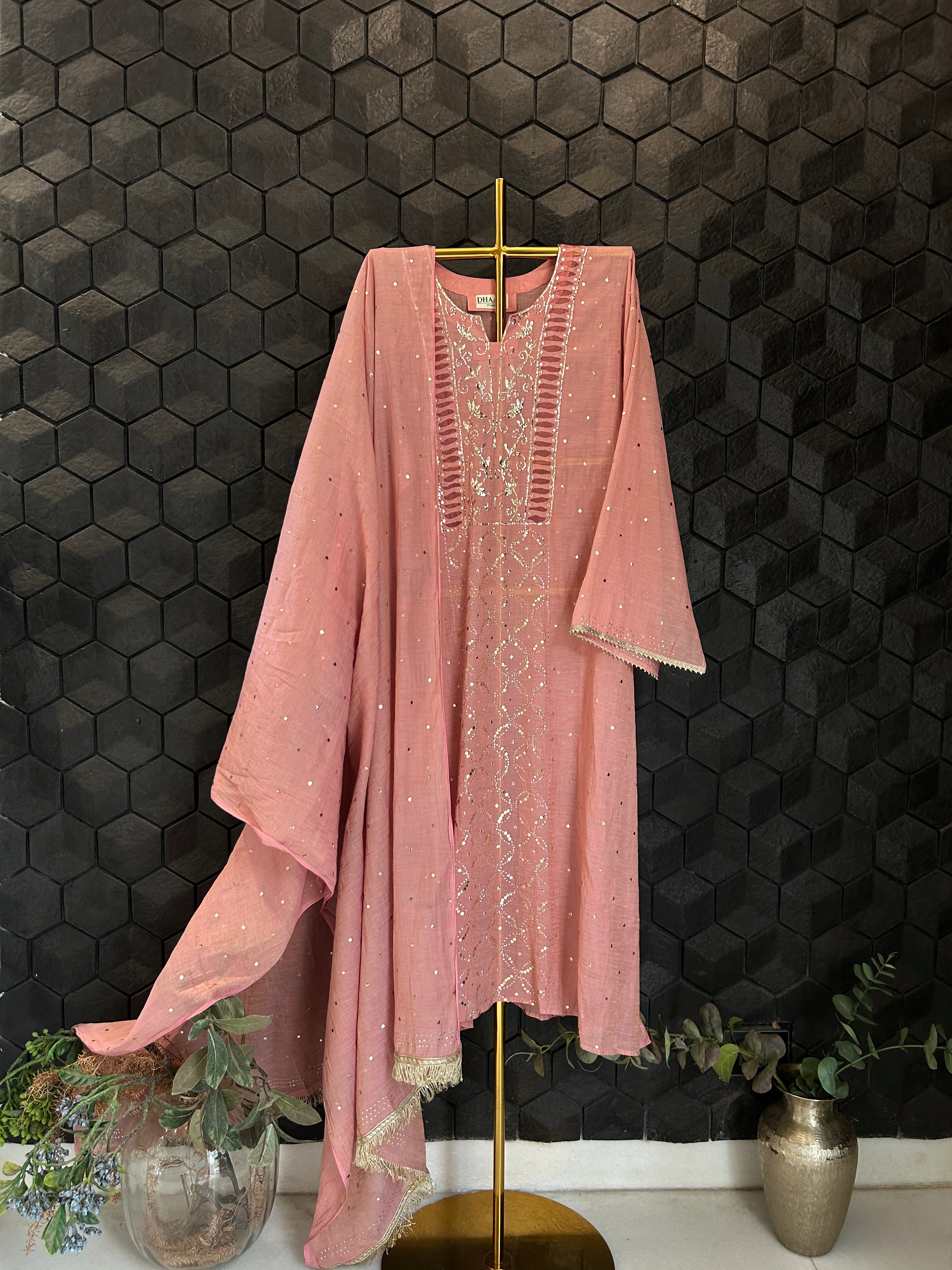 Pink Golden Tissue Mukaish Kurta Set