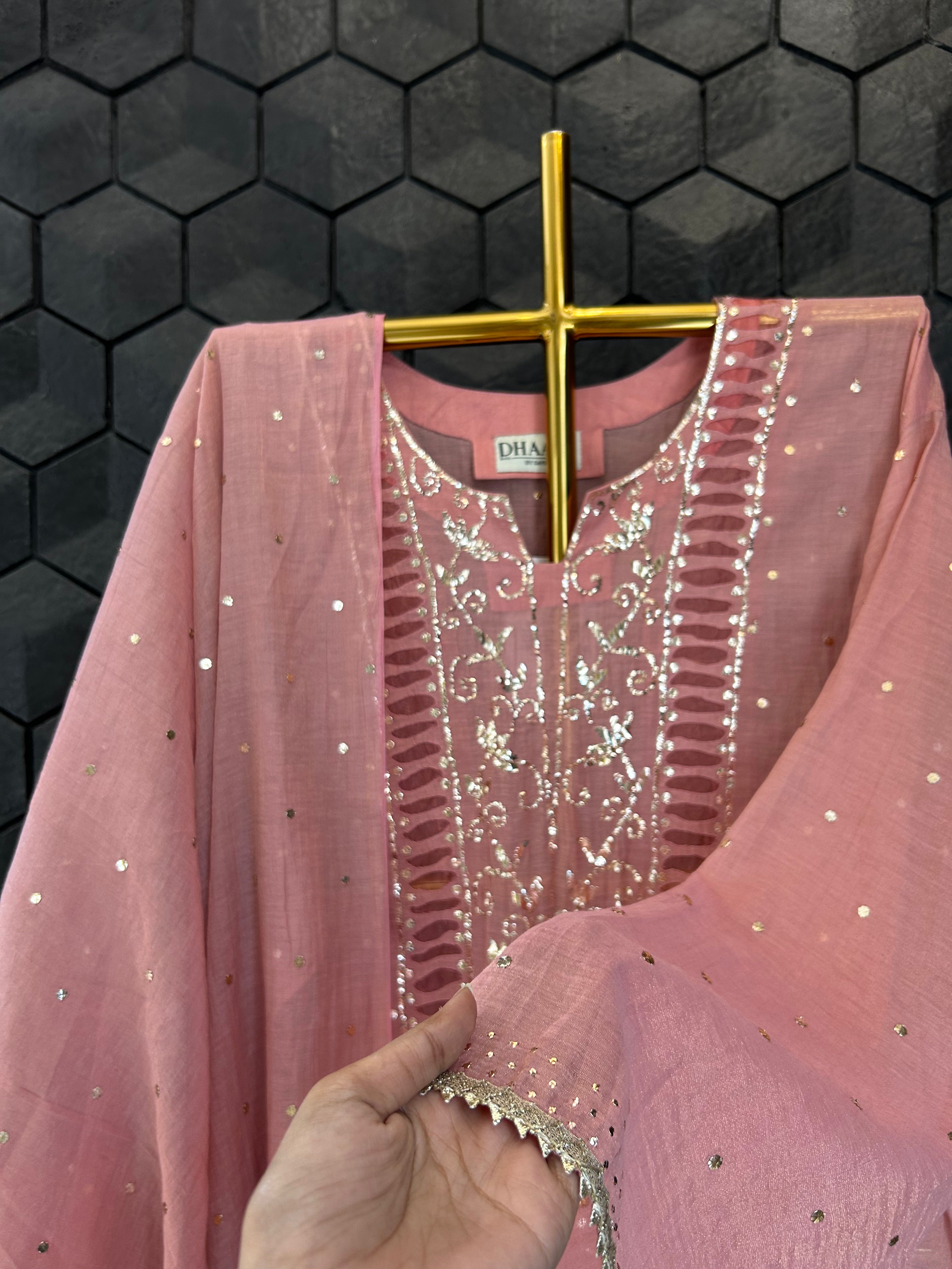 Pink Golden Tissue Mukaish Kurta Set