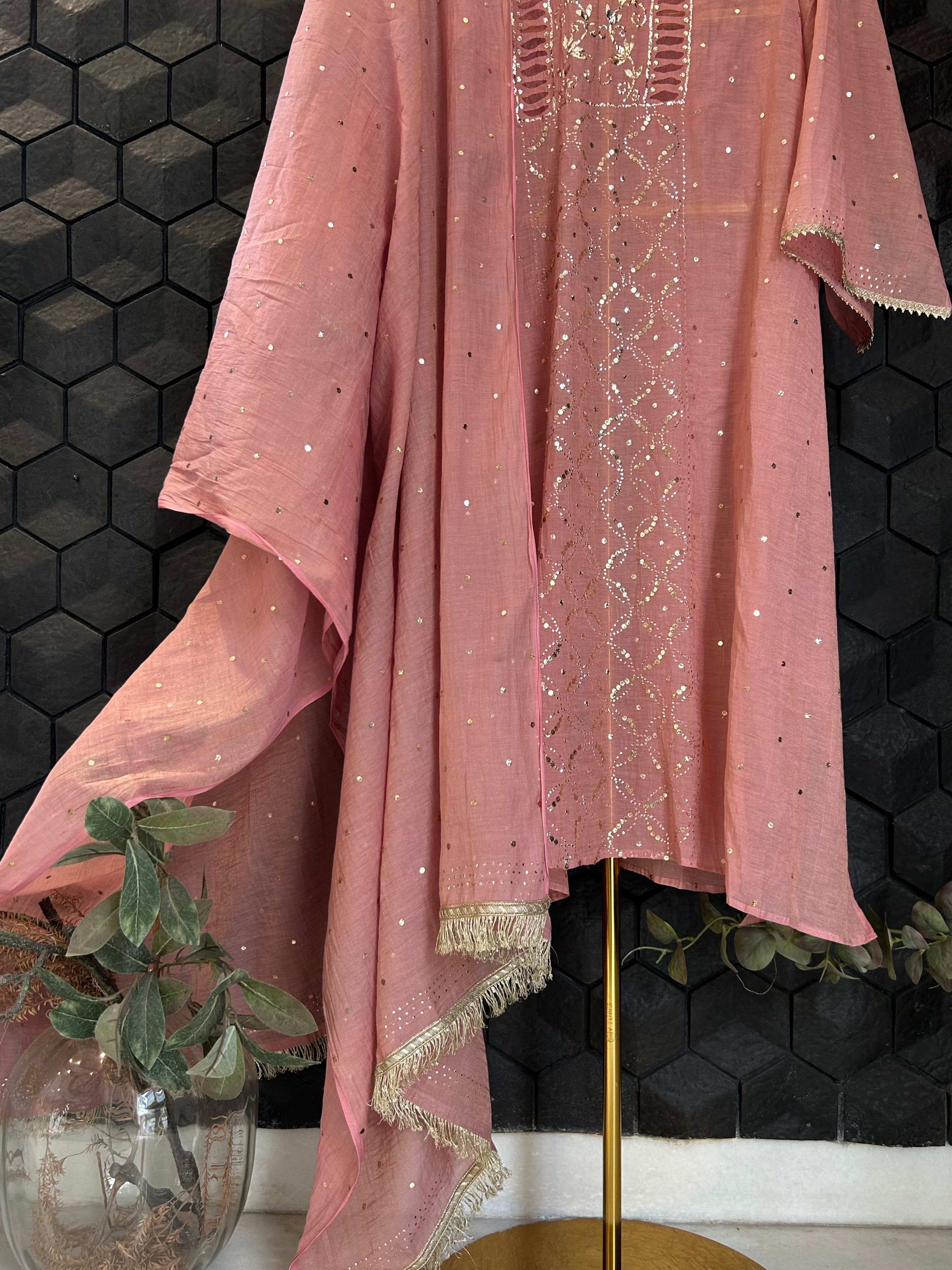 Pink Golden Tissue Mukaish Kurta Set