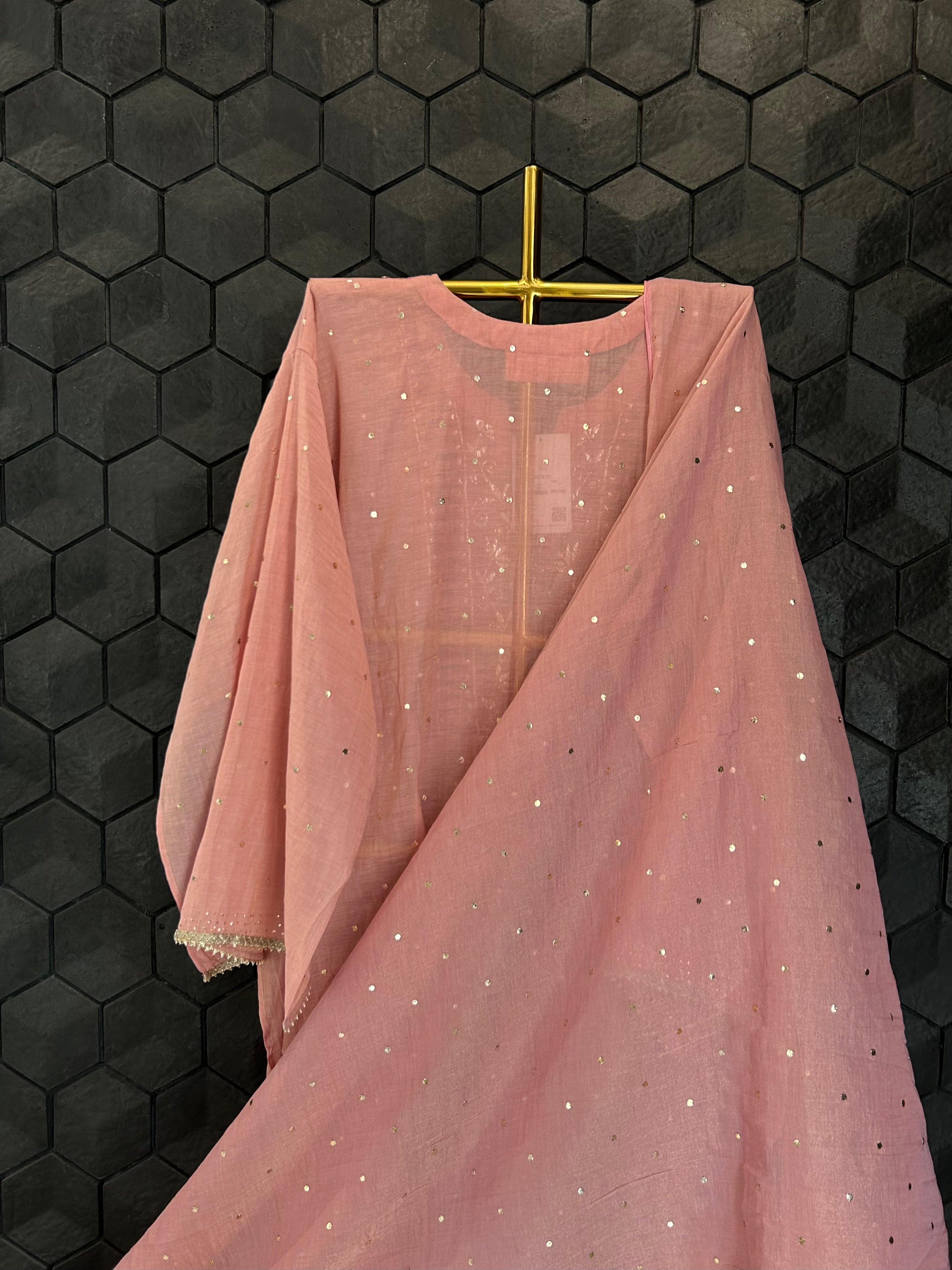 Pink Golden Tissue Mukaish Kurta Set