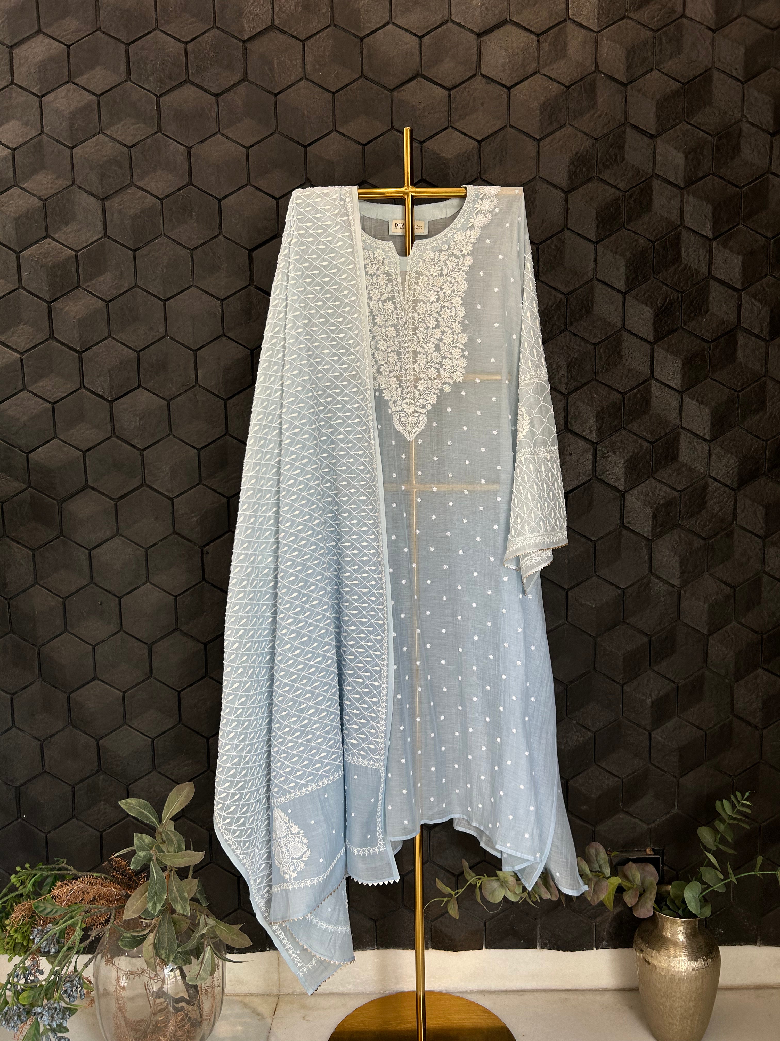 Blue Mul Chanderi Chikankari Kurta set