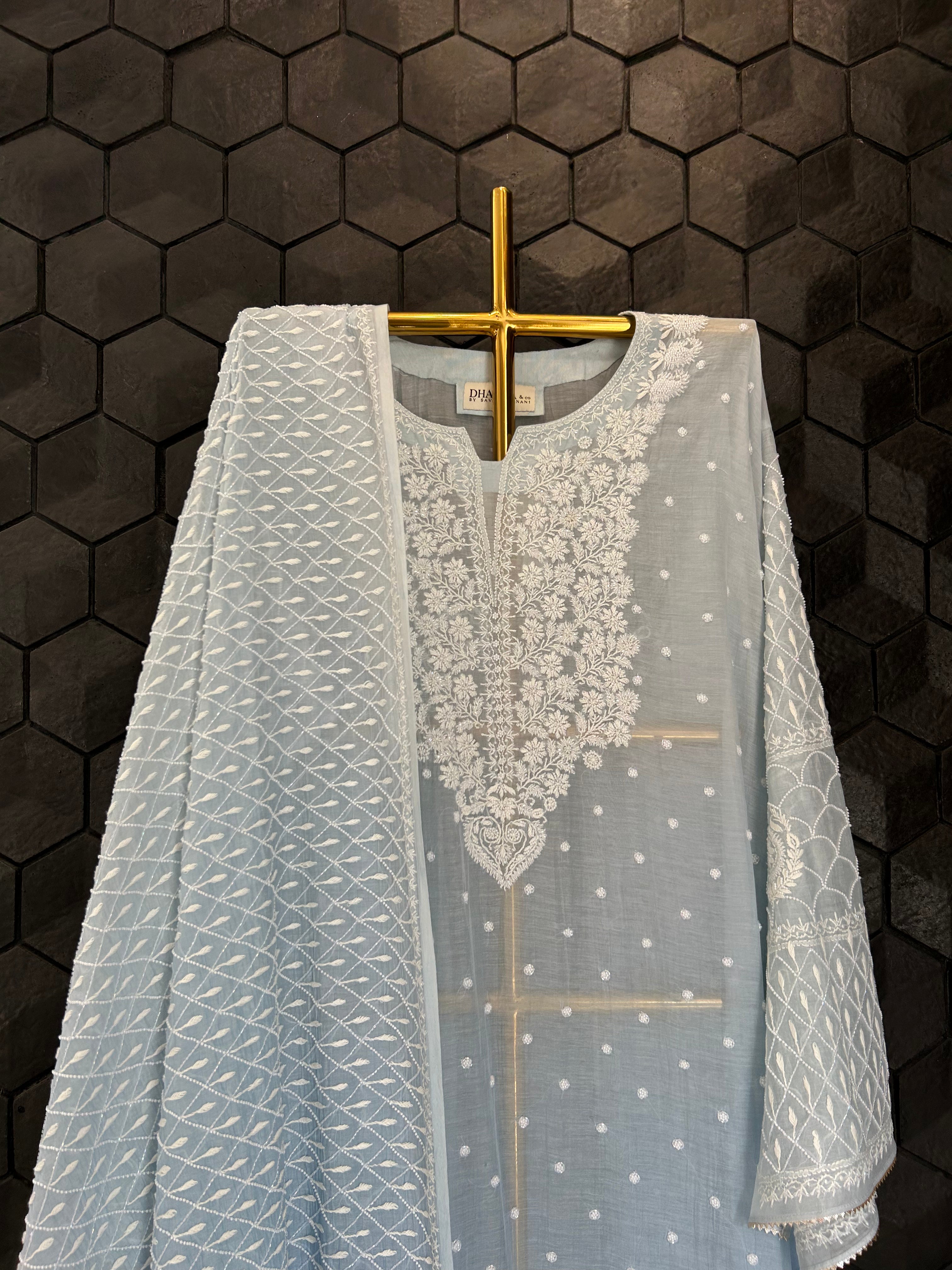 Blue Mul Chanderi Chikankari Kurta set