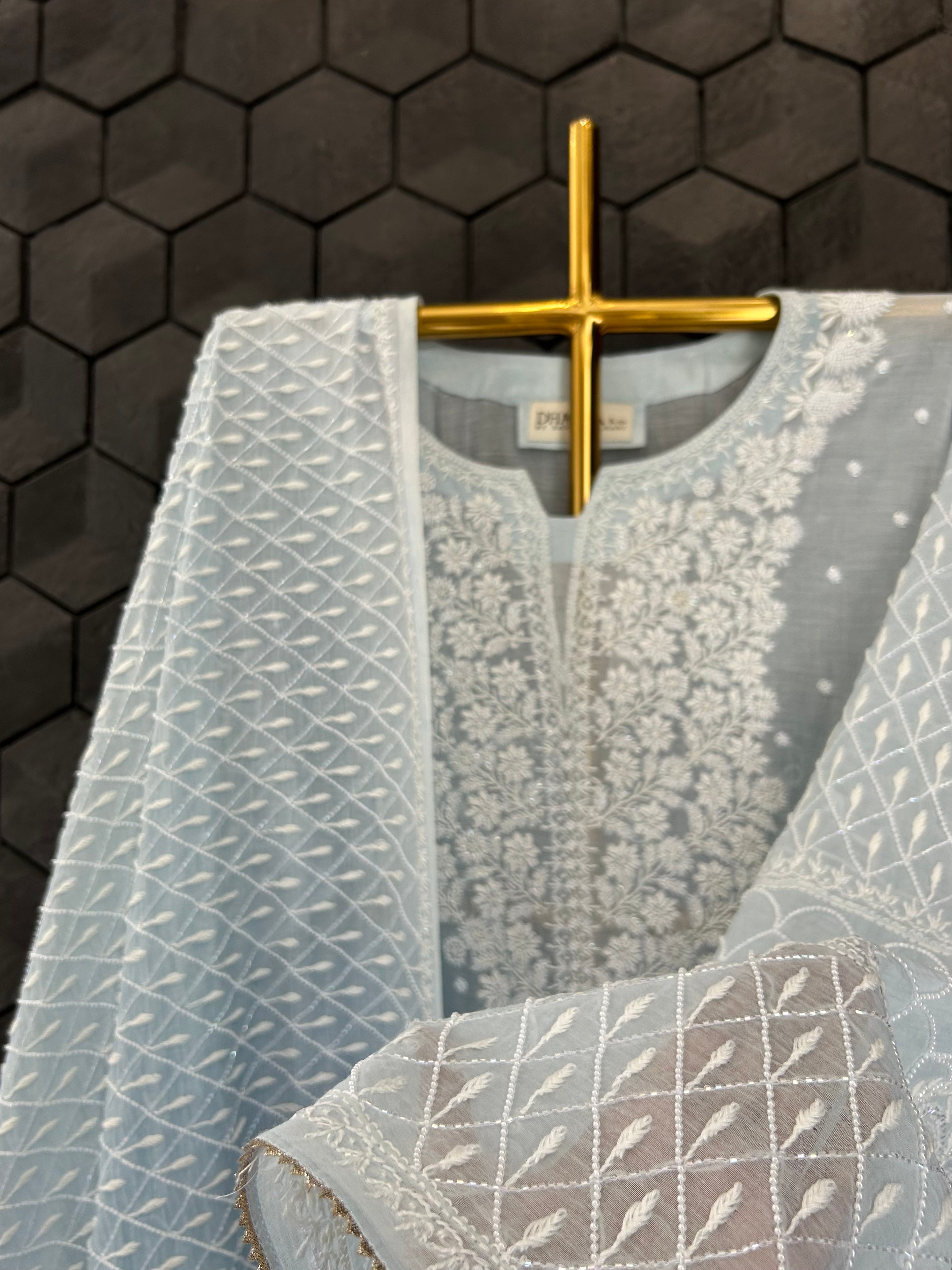 Blue Mul Chanderi Chikankari Kurta set