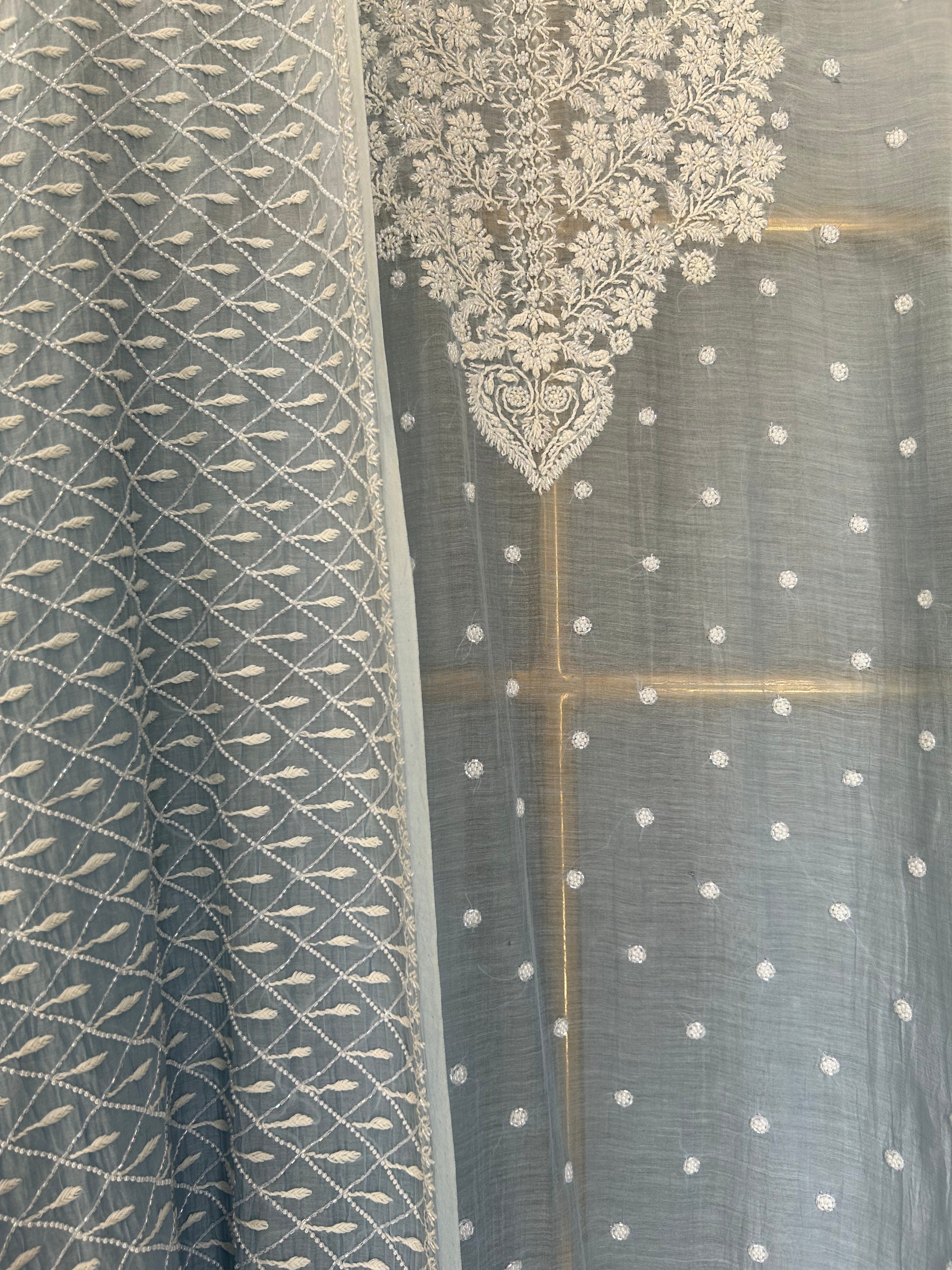 Blue Mul Chanderi Chikankari Kurta set