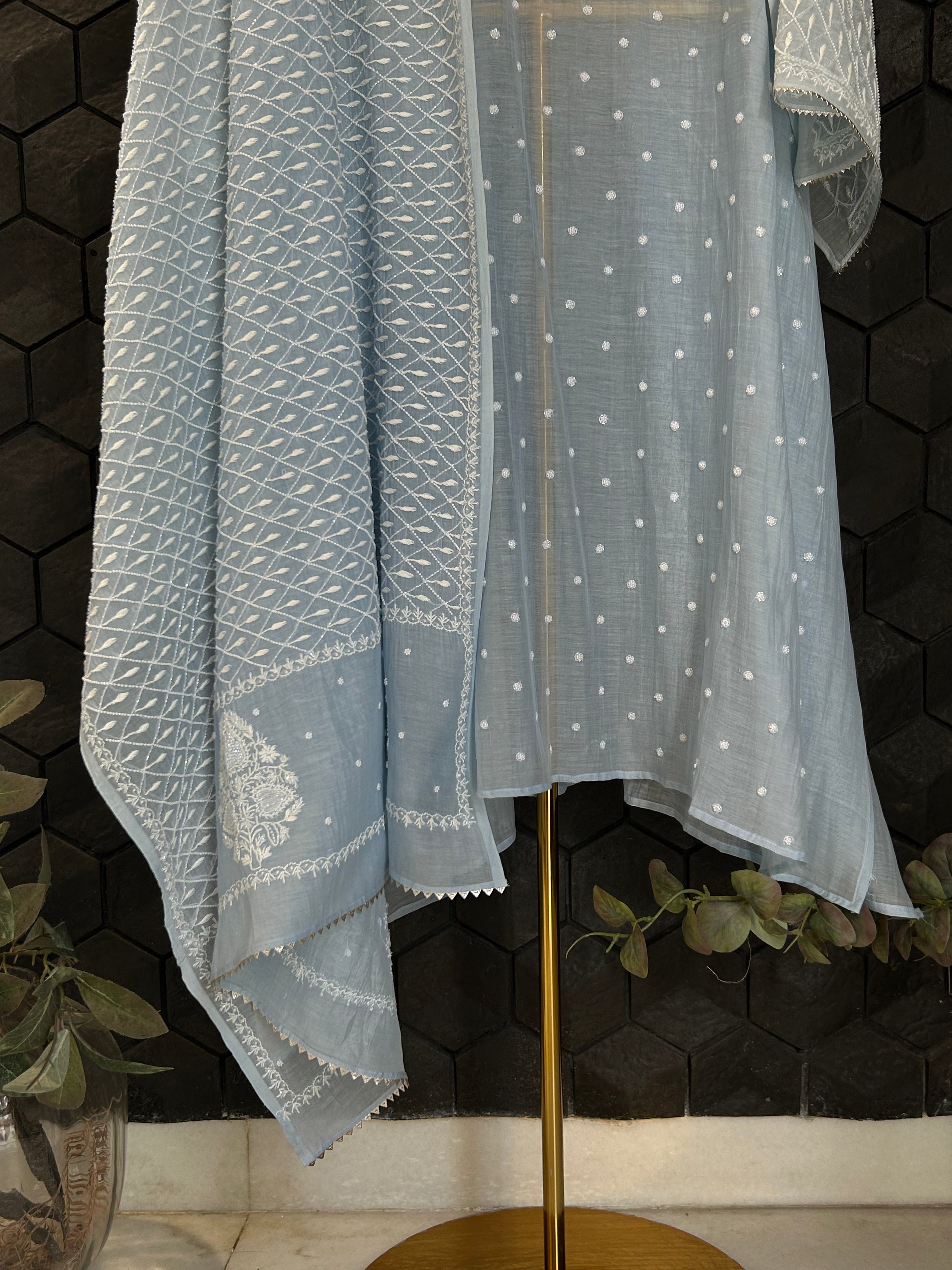 Blue Mul Chanderi Chikankari Kurta set