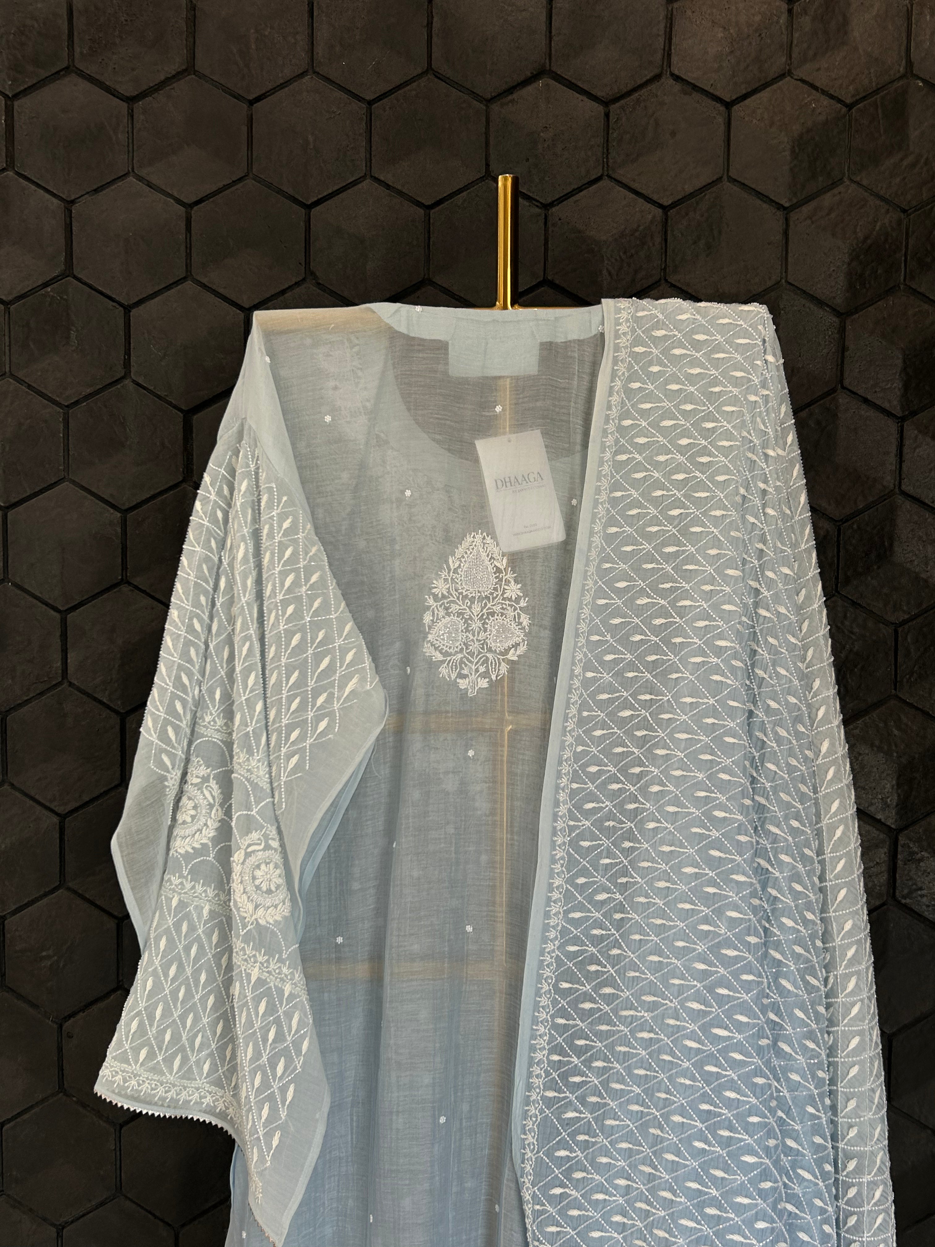 Blue Mul Chanderi Chikankari Kurta set