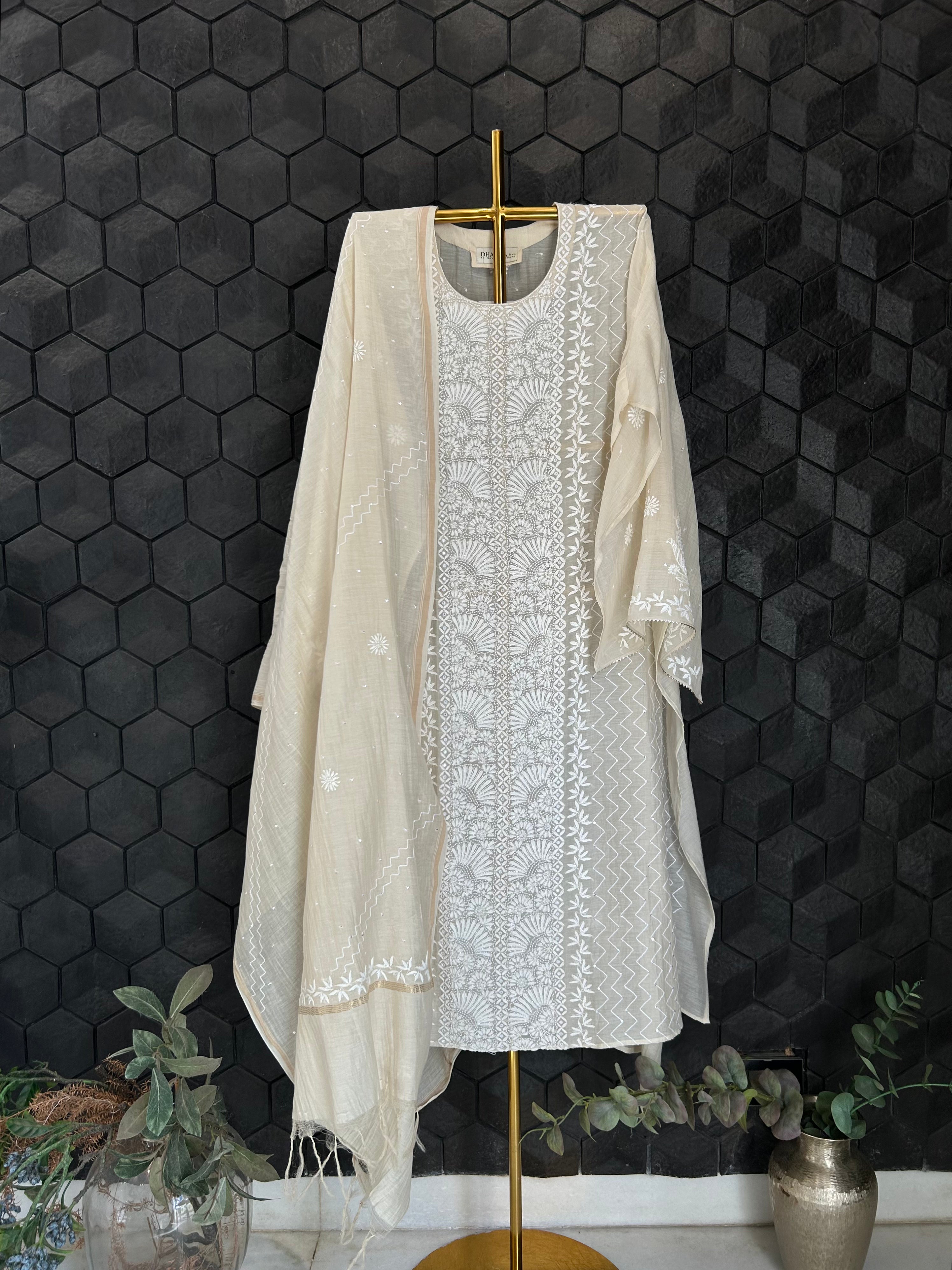 Beige Mul Chanderi Chikankari Kurta Set