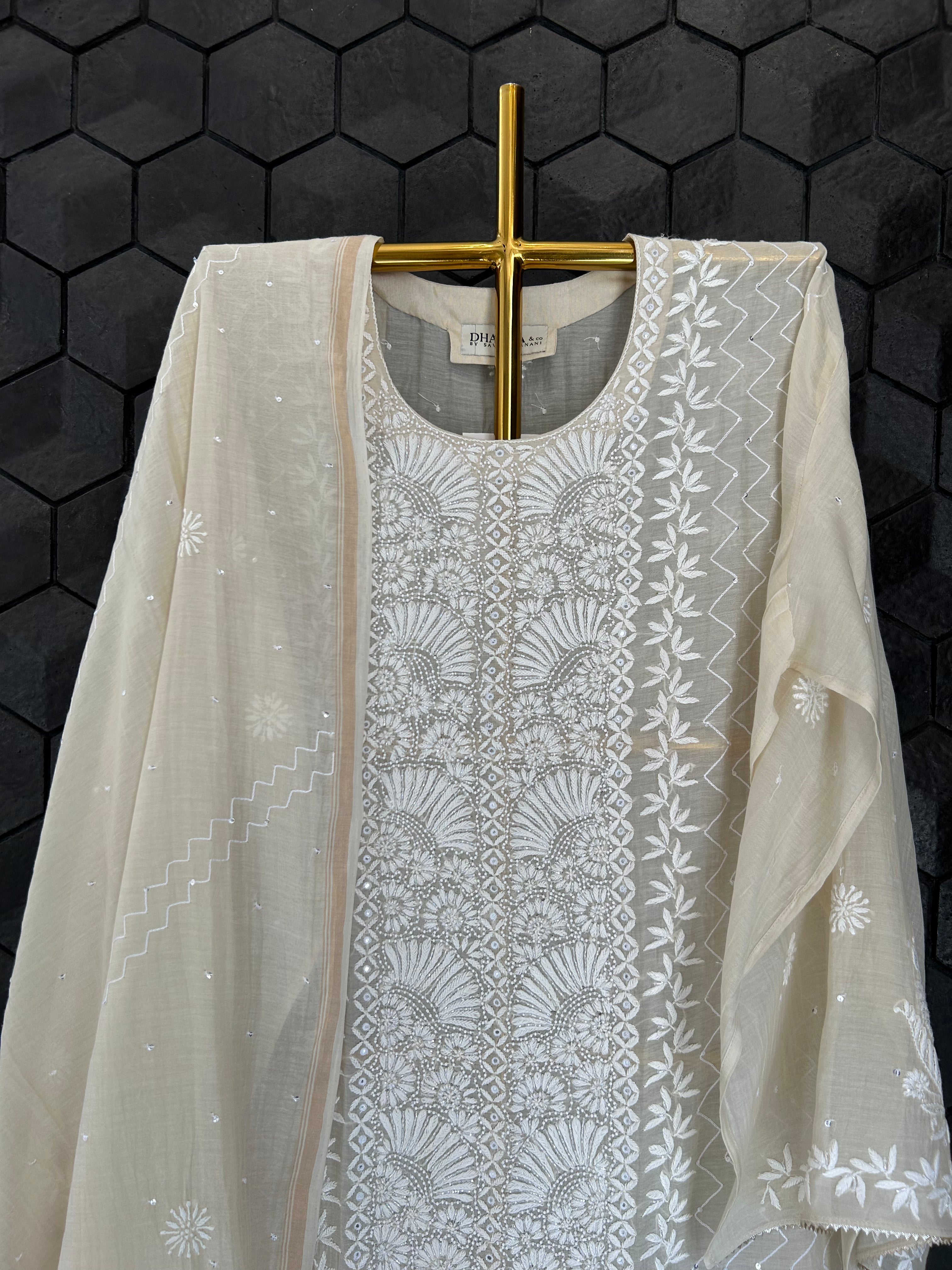 Beige Mul Chanderi Chikankari Kurta Set