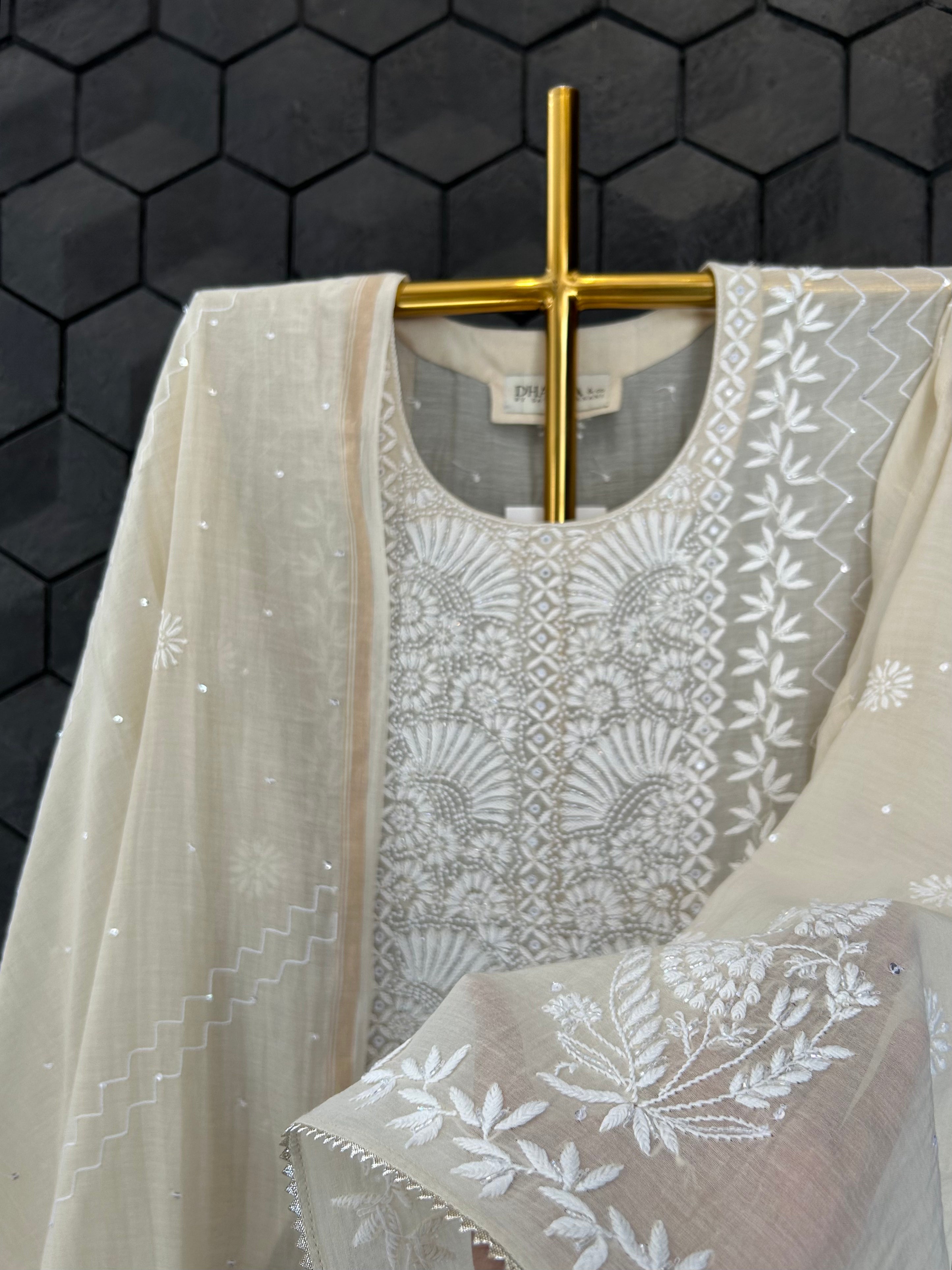 Beige Mul Chanderi Chikankari Kurta Set