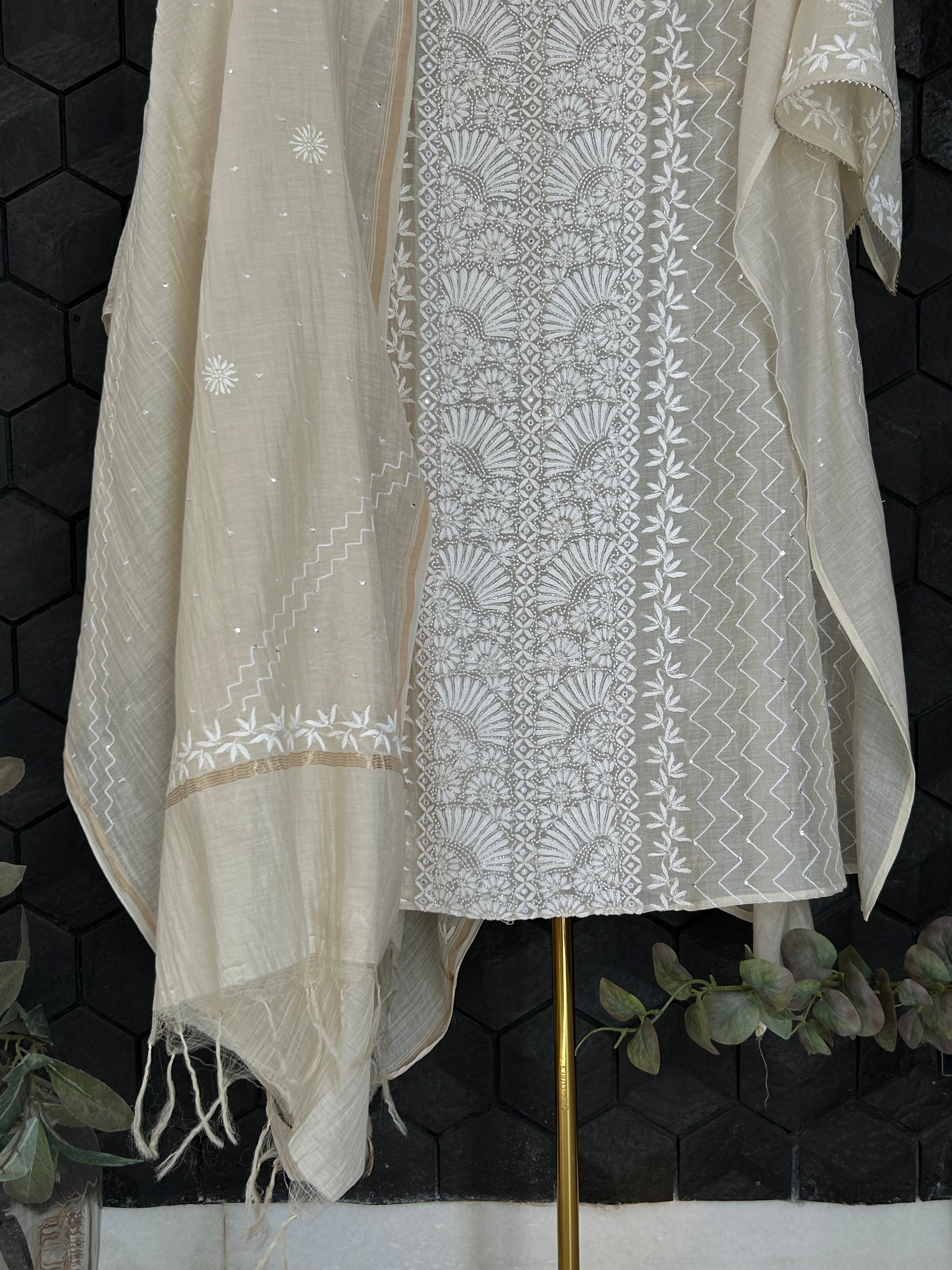 Beige Mul Chanderi Chikankari Kurta Set