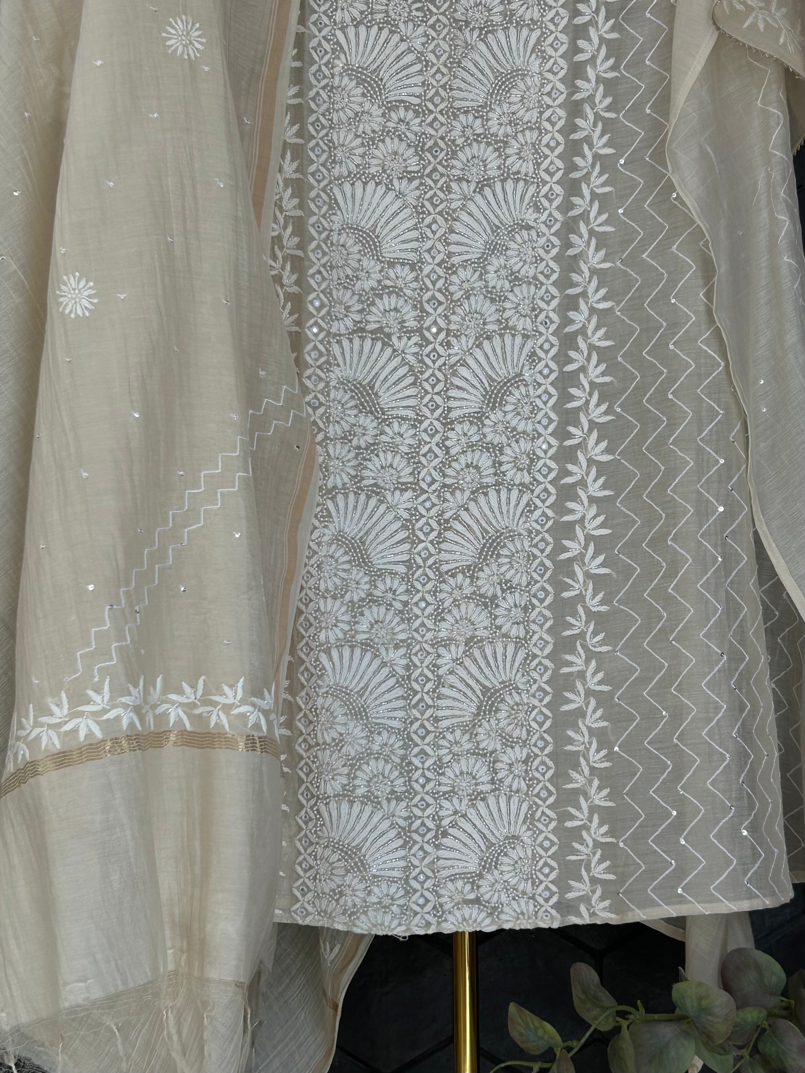 Beige Mul Chanderi Chikankari Kurta Set