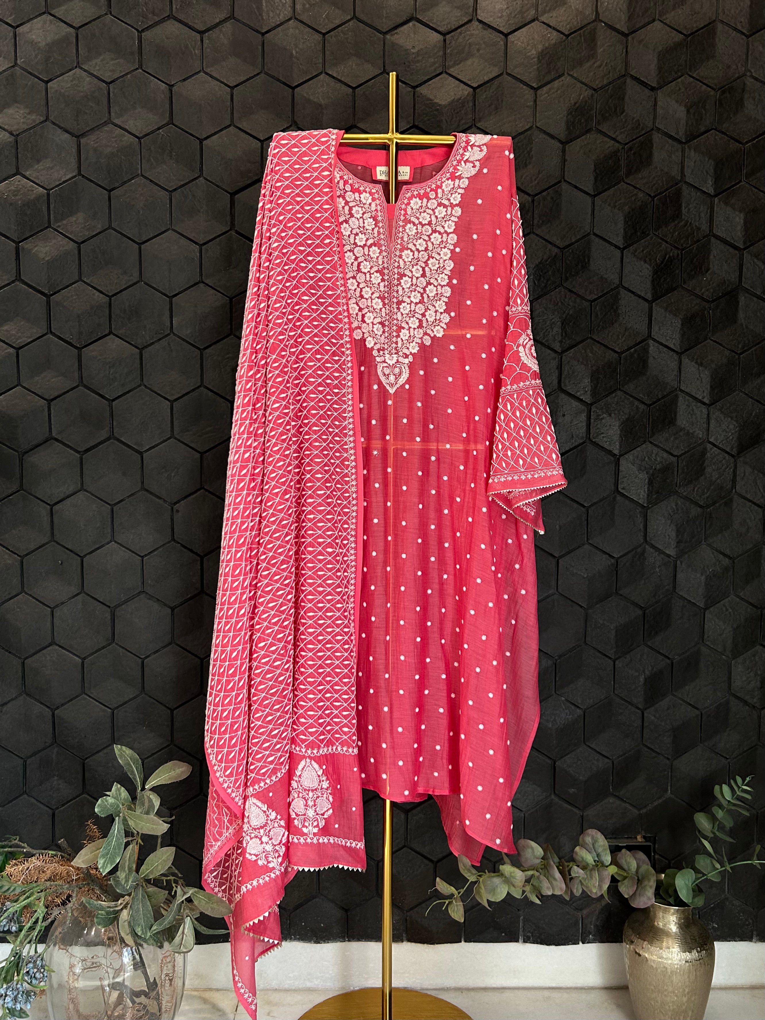 Pink Mul Chanderi Chikankari Kurta Set