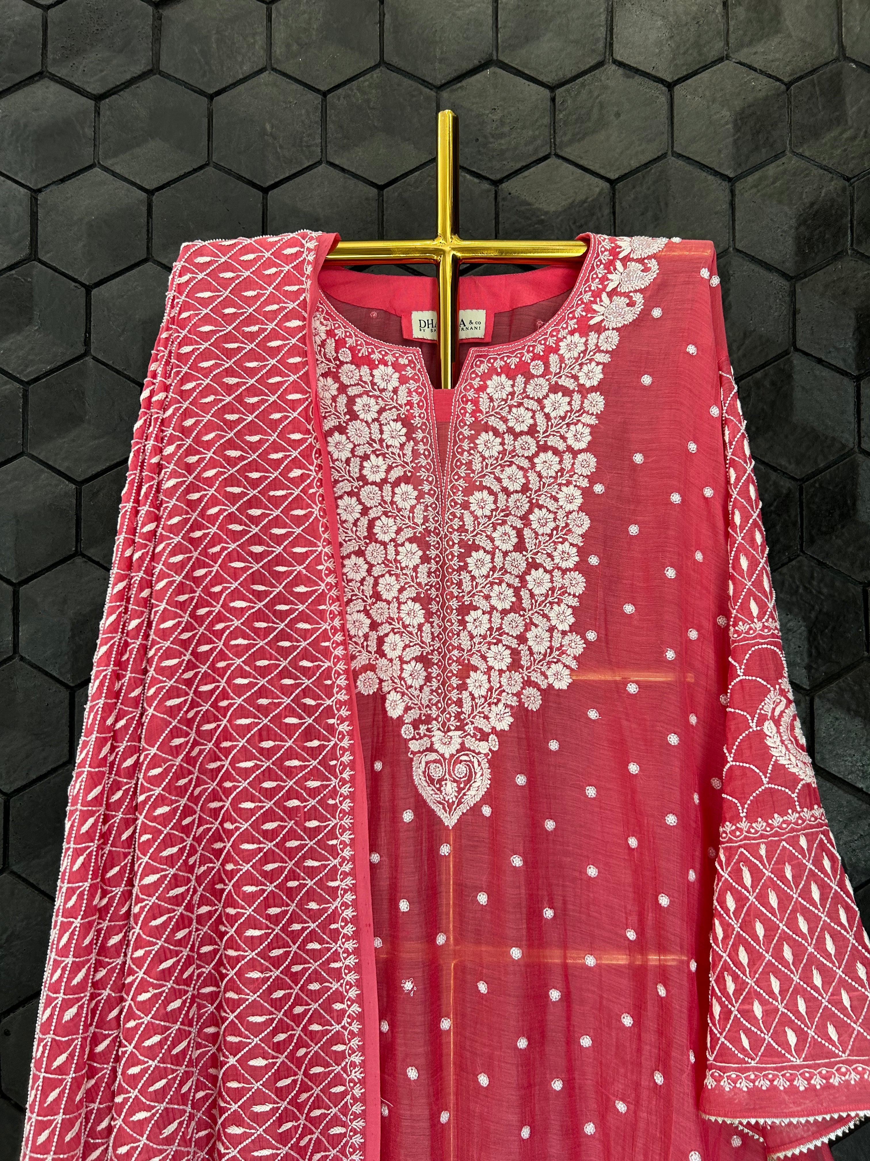 Pink Mul Chanderi Chikankari Kurta Set