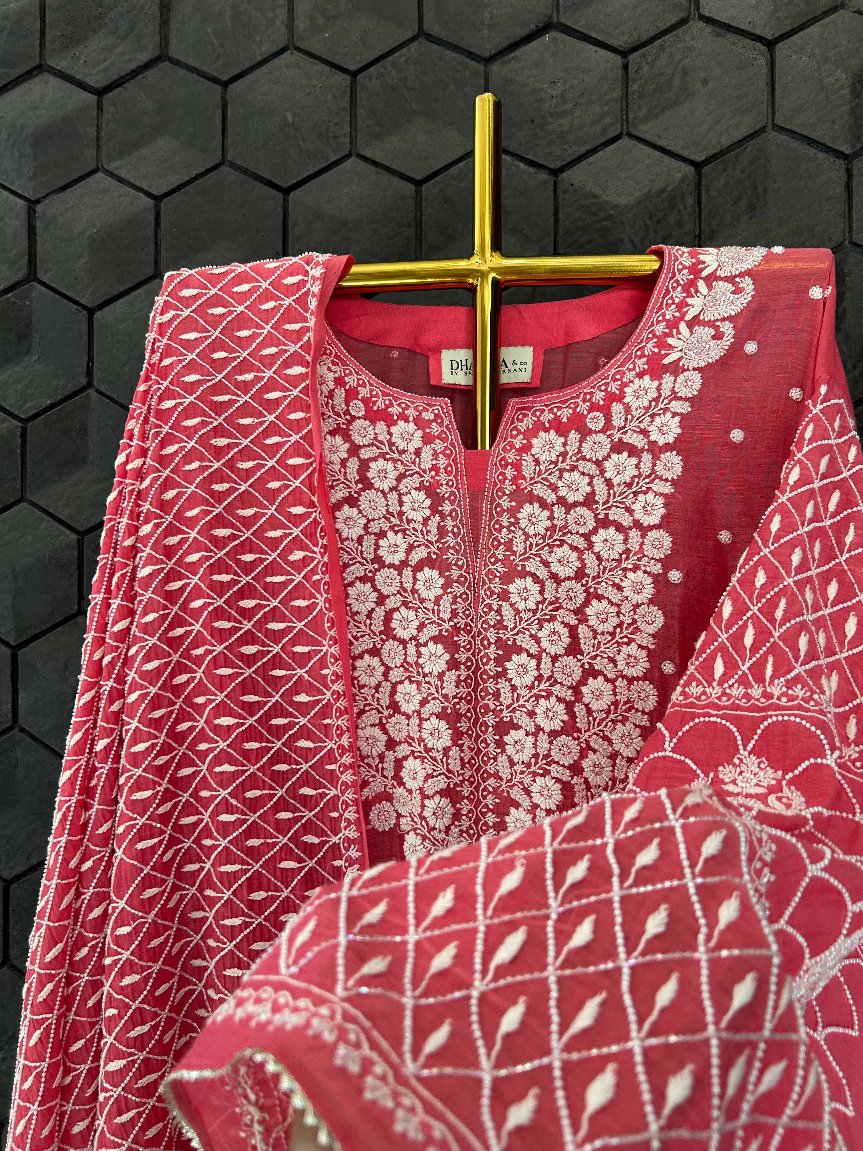 Pink Mul Chanderi Chikankari Kurta Set