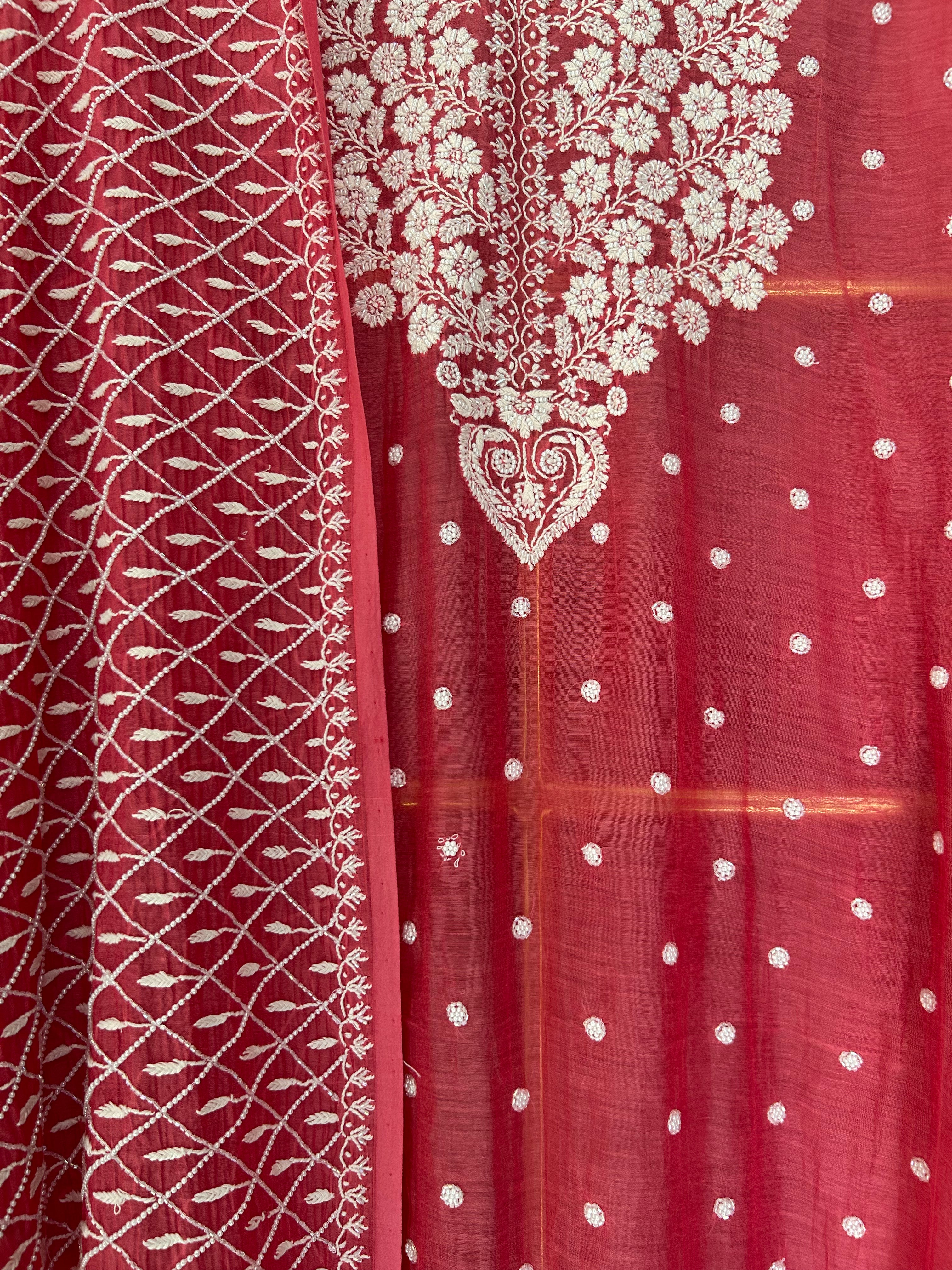 Pink Mul Chanderi Chikankari Kurta Set
