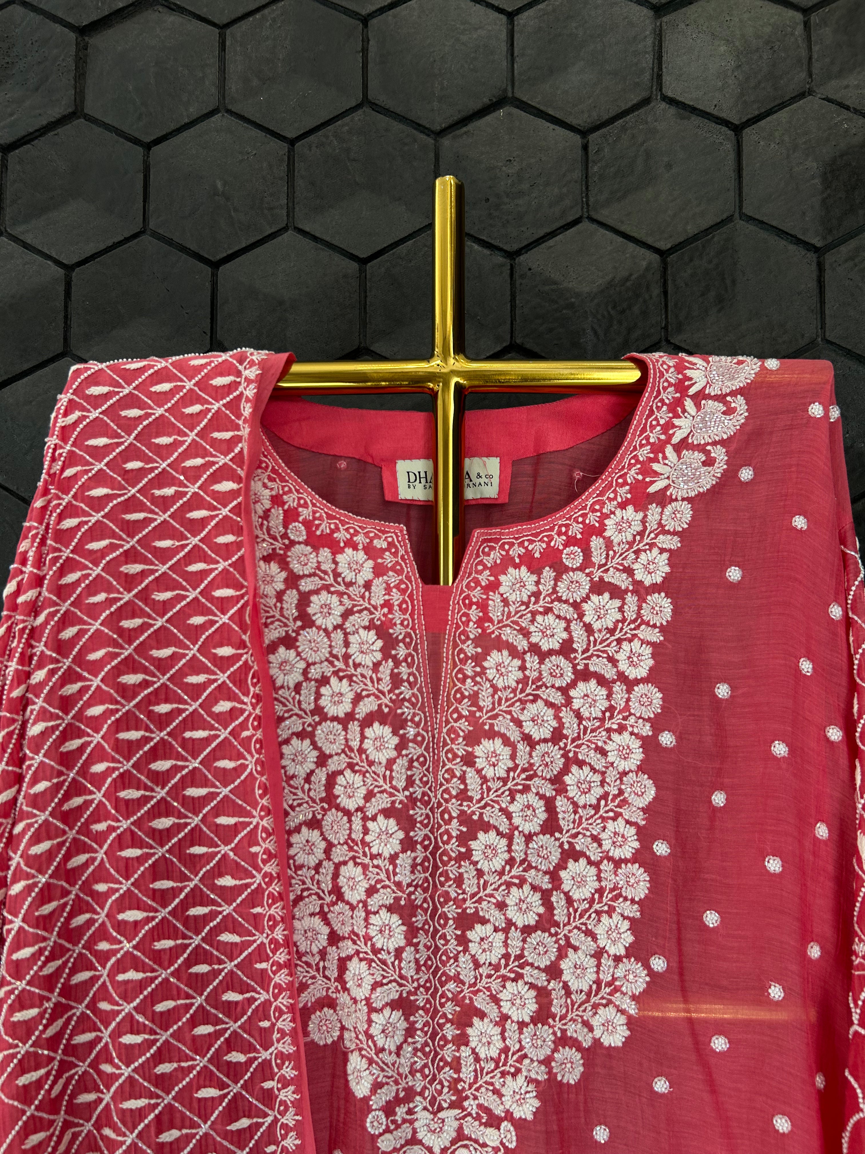 Pink Mul Chanderi Chikankari Kurta Set
