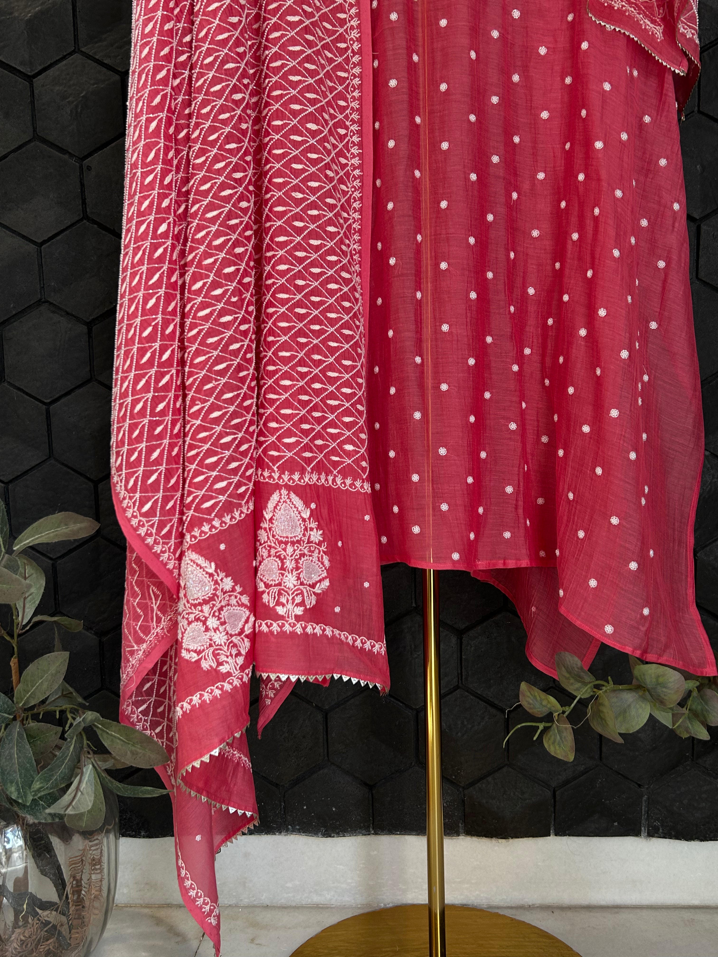 Pink Mul Chanderi Chikankari Kurta Set