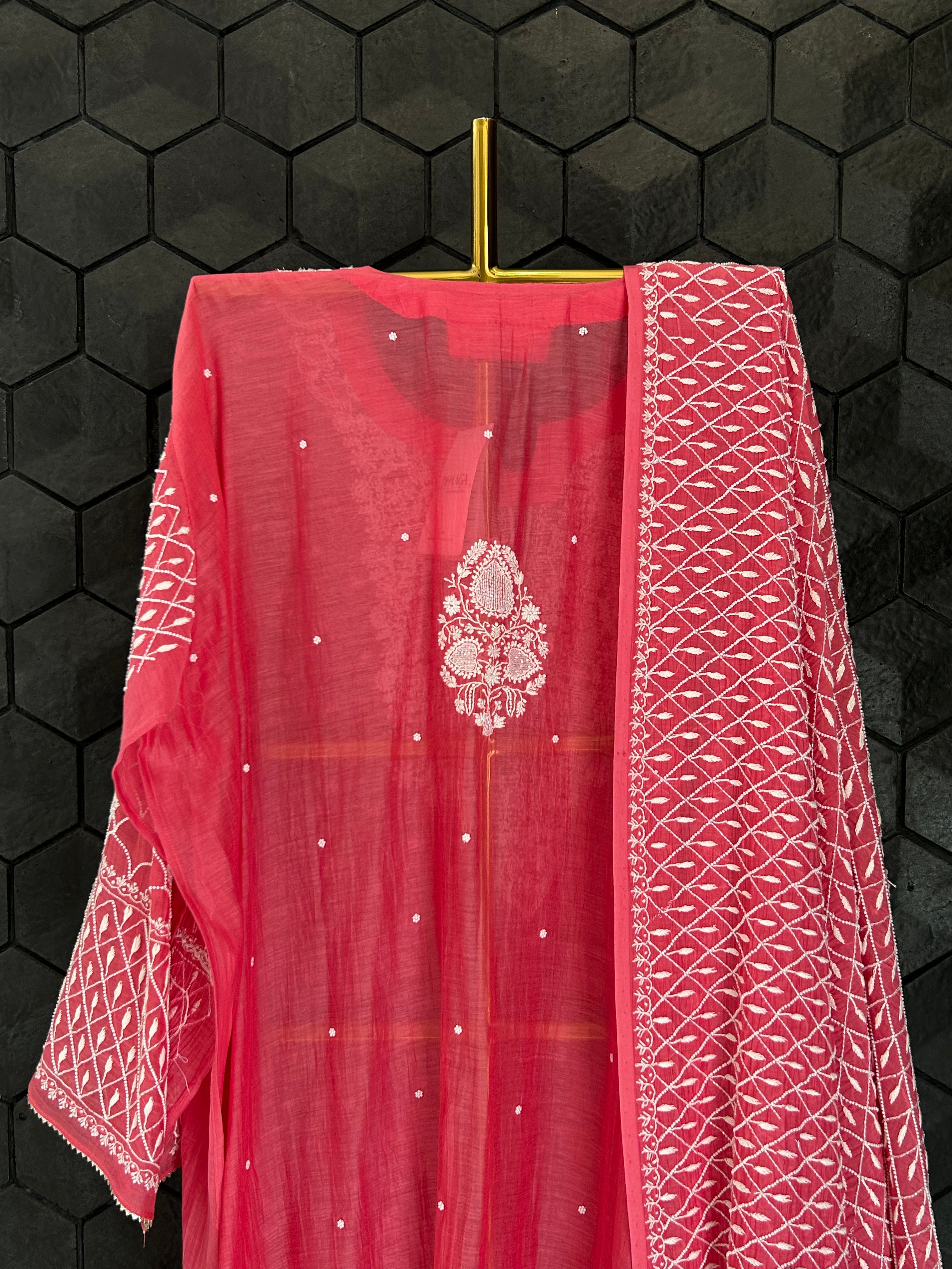 Pink Mul Chanderi Chikankari Kurta Set
