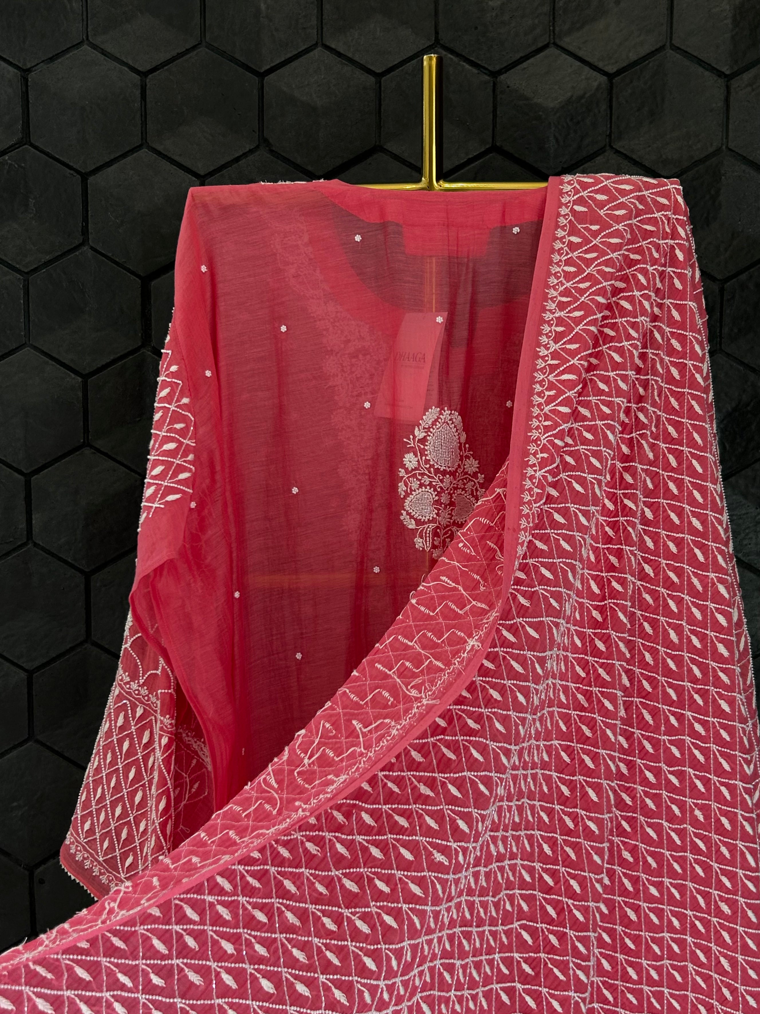 Pink Mul Chanderi Chikankari Kurta Set
